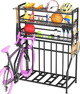 Bike Rack Garage, 3-Tier Storage Shelves with Bike Stand, Heavy-Duty Bike Rack Holds 4 Bicycles, Adjustable Slots, Multi-Purpose Organizer for Home Garage, Basement, Utility Room