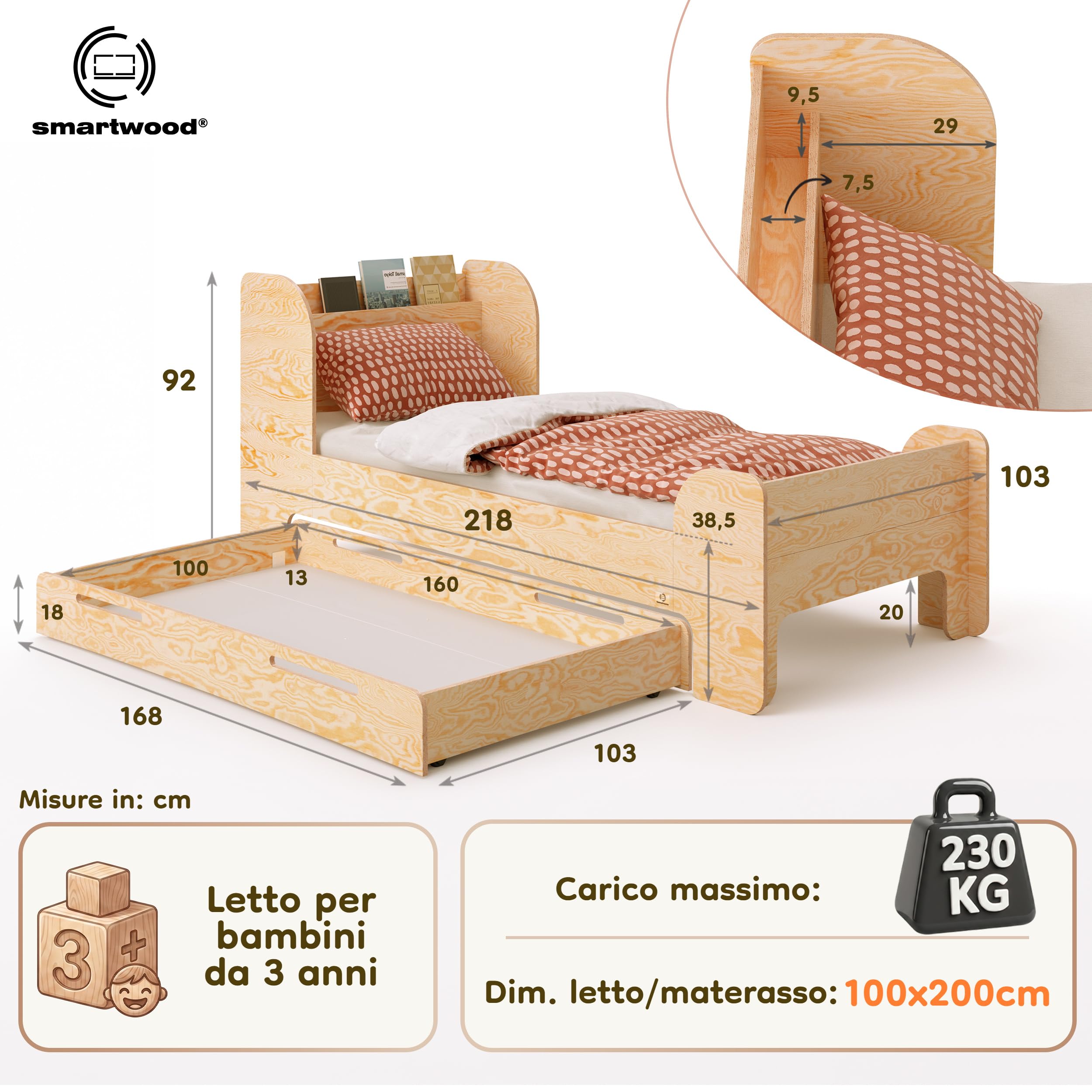smartwood Letto Bambino 100x200 cm con Cassetto, in Legno, Cachemire Flou D | incl. Cassetto, Testiera con Ripiano, Rete fino a 230 kg, in Legno di Pino FSC, Letto per Ragazze & Ragazzi dai 3 anni