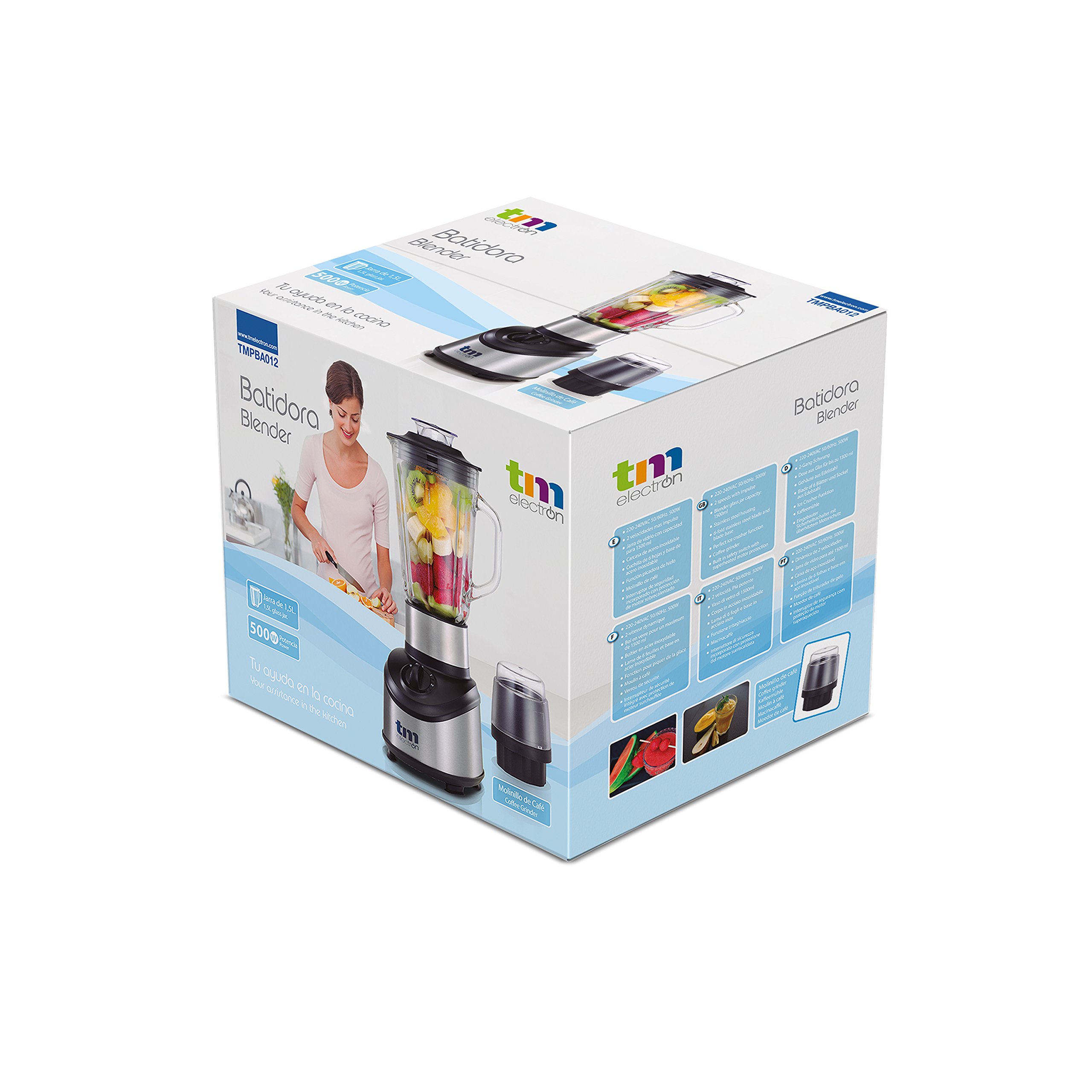 batidora de vaso de cristal 1,5L de capacidad, 500W, cuerpo de acero y molinillo de café