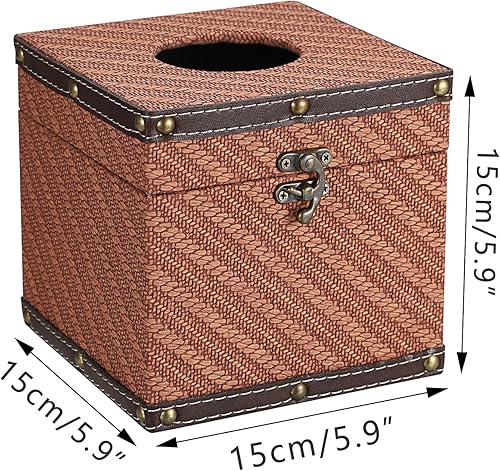 Miniatura 3 de Funda cuadrada para caja de pañuelos, soporte de pañuelos de madera retro con diseño de grano de trigo, dispensador de pañuelos decorativos con tapa
