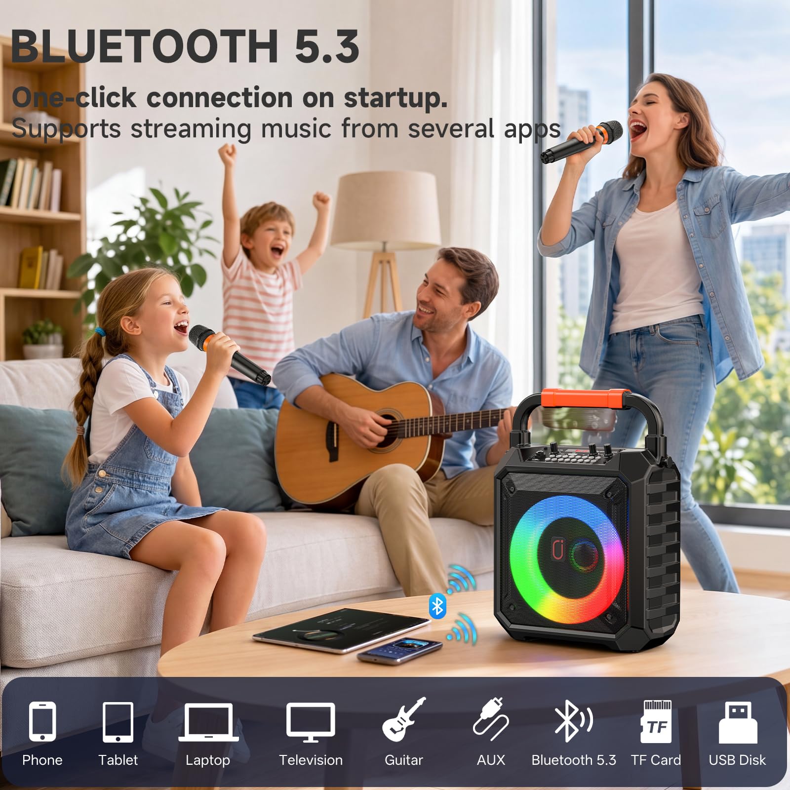 HWWR Macchina per karaoke, 2 microfoni, altoparlante portatile Bluetooth per karaoke con luci DJ, per feste e all'aperto, microfono wireless per karaoke per adulti e bambini, sistema PA karaoke