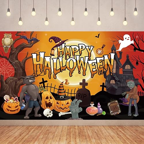 Miniatura 3 de Pancarta de Feliz Halloween de 6 x 3.6 pies, telón de fondo de dibujos animados de Halloween, telón de fondo de fotos de Halloween, noche de luna de