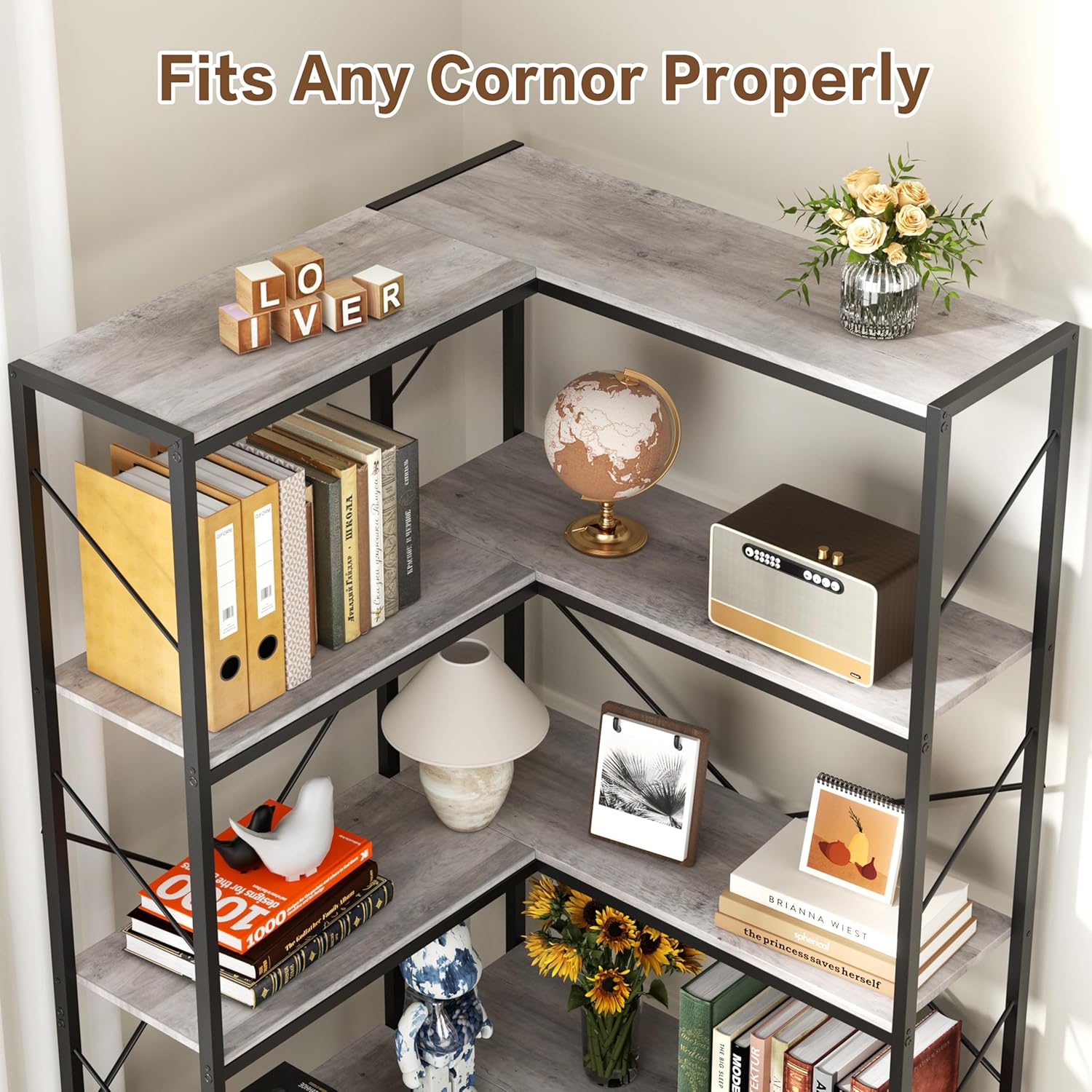 Meilocar 5 Tiers Corner Bookshelf, L-Shaped Bookcase Storage Organizer, Display Shelf Free Standing Book Shelf for Home Office, Living Room, Kitchen, Bedroom, Grey