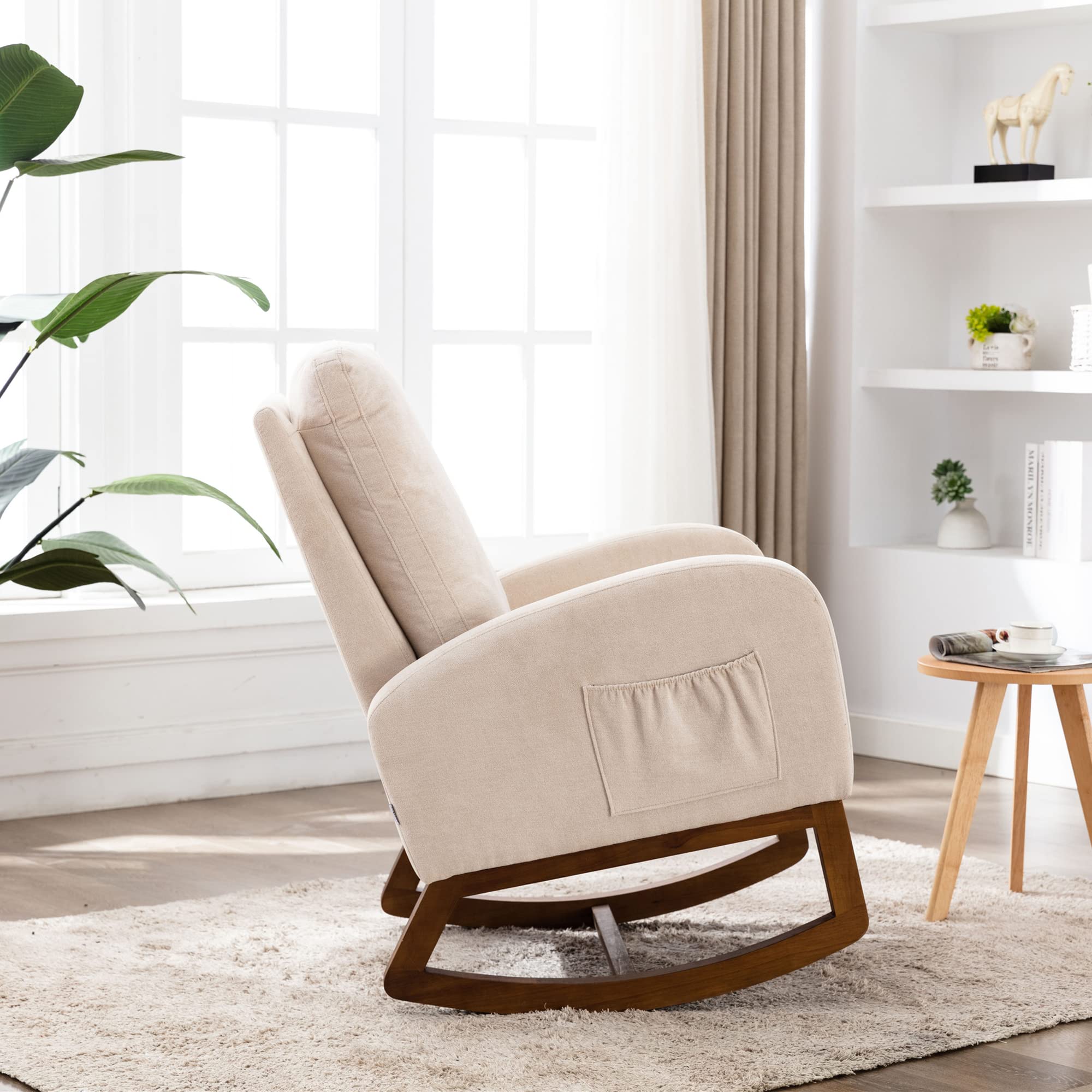 Silla mecedora acolchada para habitación infantil Glider Rocker para bebés y niños, sillón Comfy con bolsillo lateral, sillón de salón con respaldo alto (beige), yaoyi-01