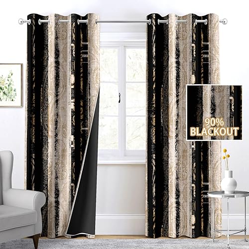 Juego de 2 paneles de cortinas opacas color negro y beige, diseño de cachemira, estilo shabby chic, vintage, decoración de casa de campo victoriana