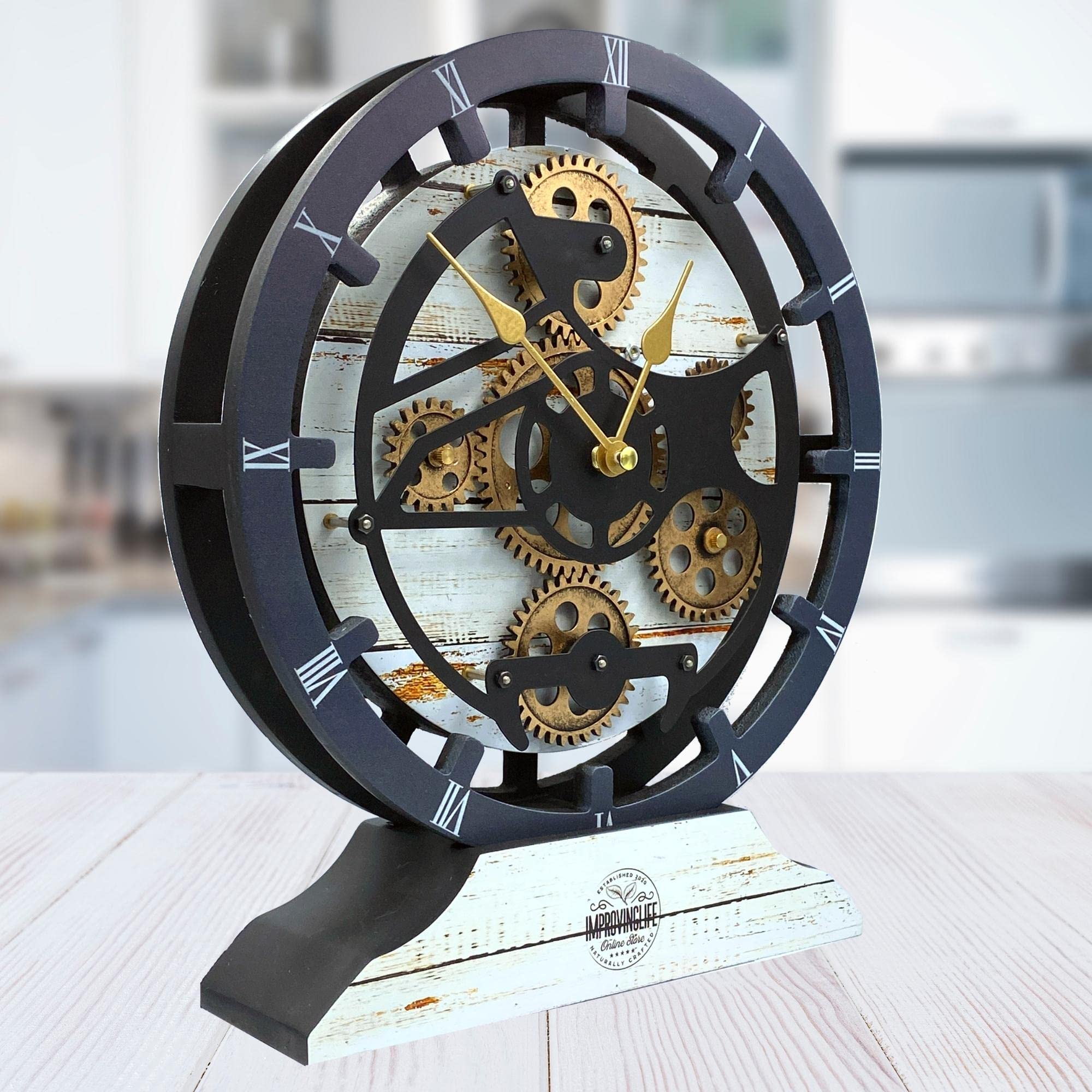 The Gears Clock Desk Clock 10 inches with Real Moving Gears Convertible into Wall Clock (Desert Beige)