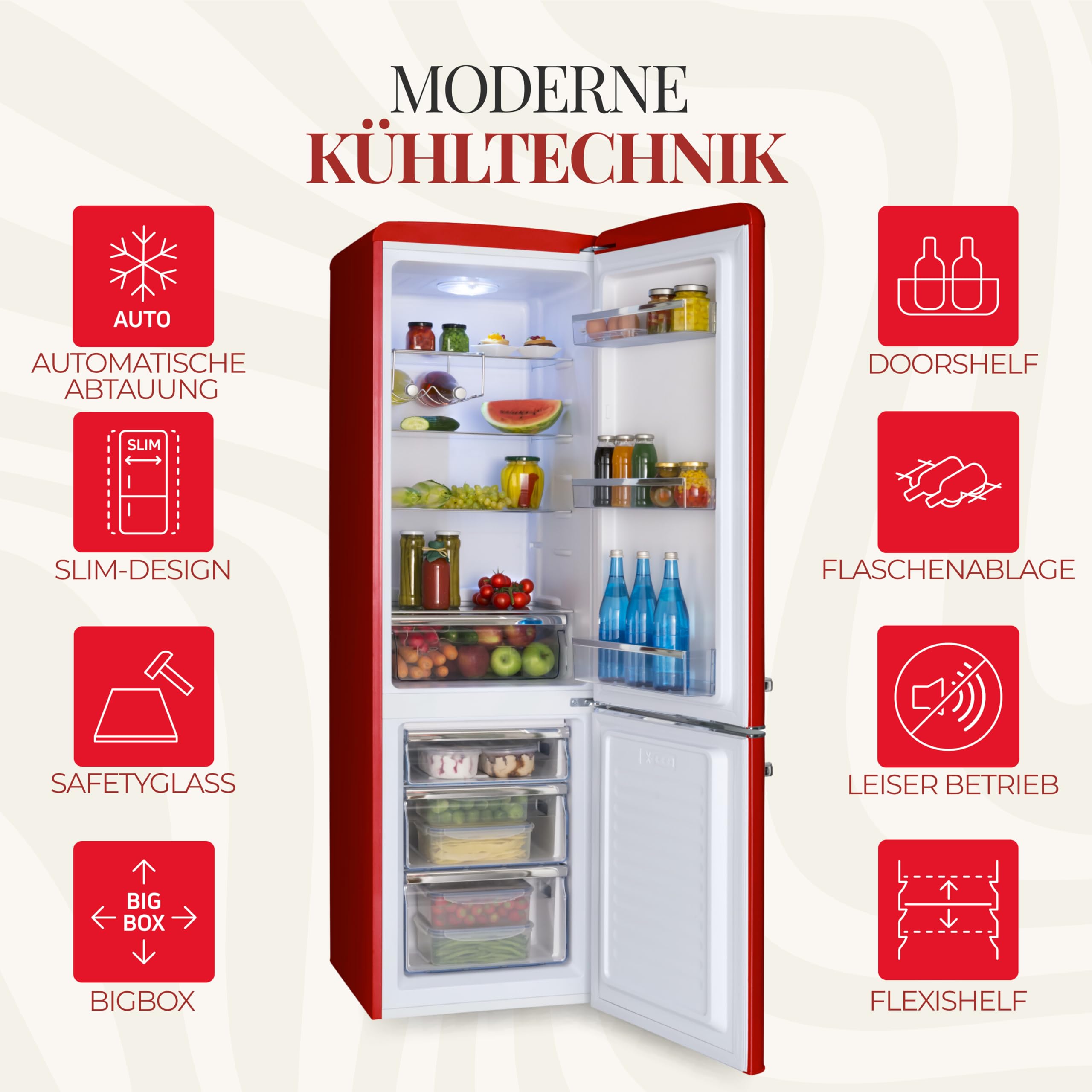 Amica Réfrigérateur combiné rétro 244 L 181 x 55 x 62 cm Rouge Éclairage LED