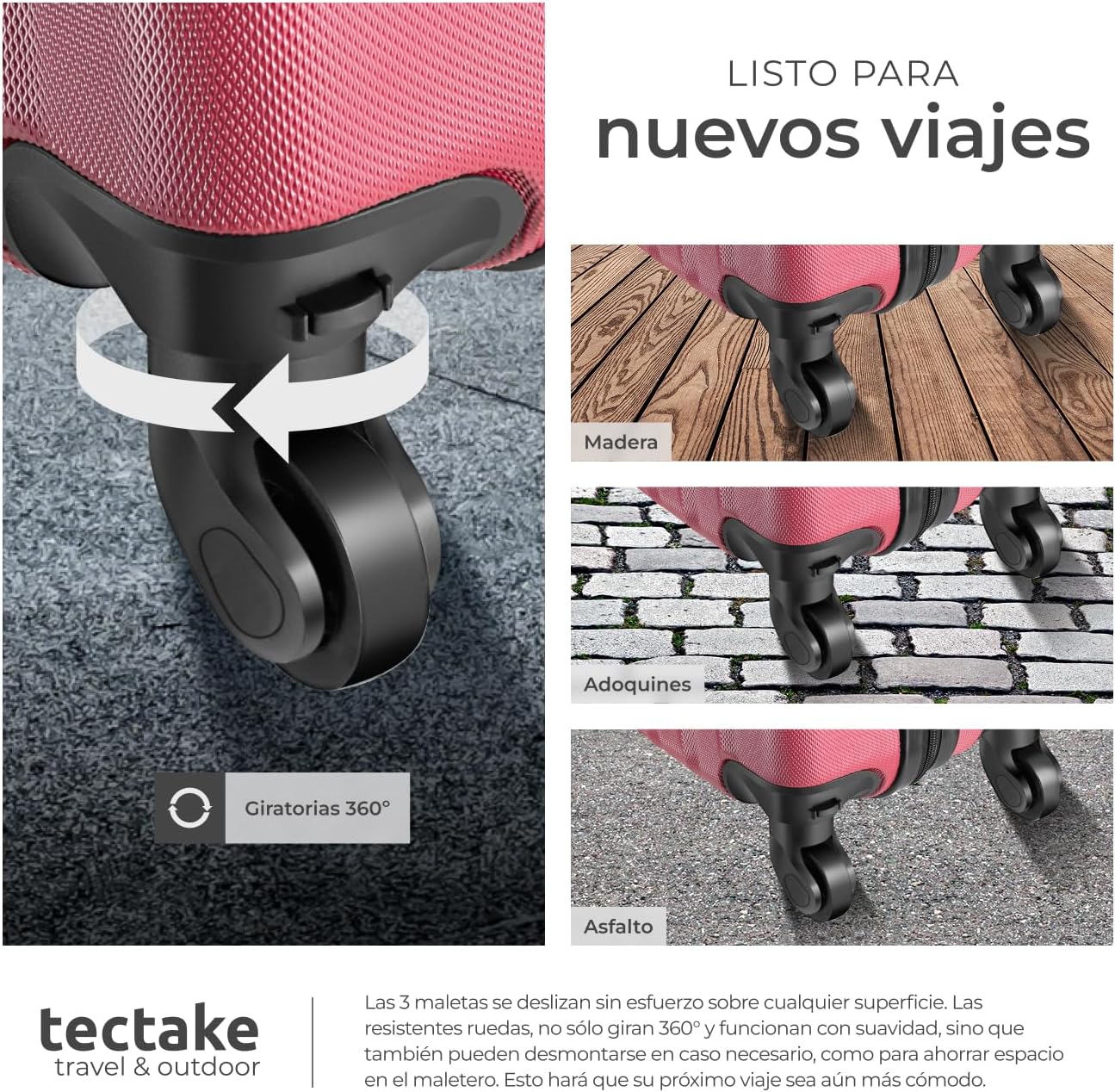 Suitcase wheels shown on various surfaces: wood, cobblestone, asphalt