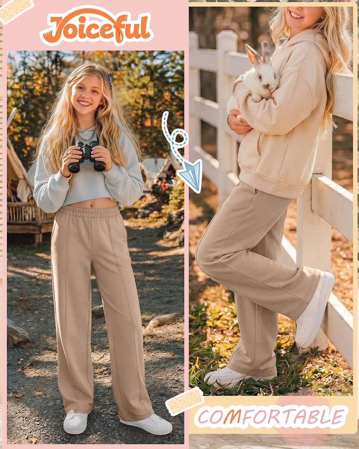 Joyful Girl's Wide Leg Sweatpants with Pockets | Girls' Pants, Baggy Straight-Leg Sweat, Elastic Waist Sweatpants with Pockets, Kids' Back-to-School Clothes, Casual Uniform