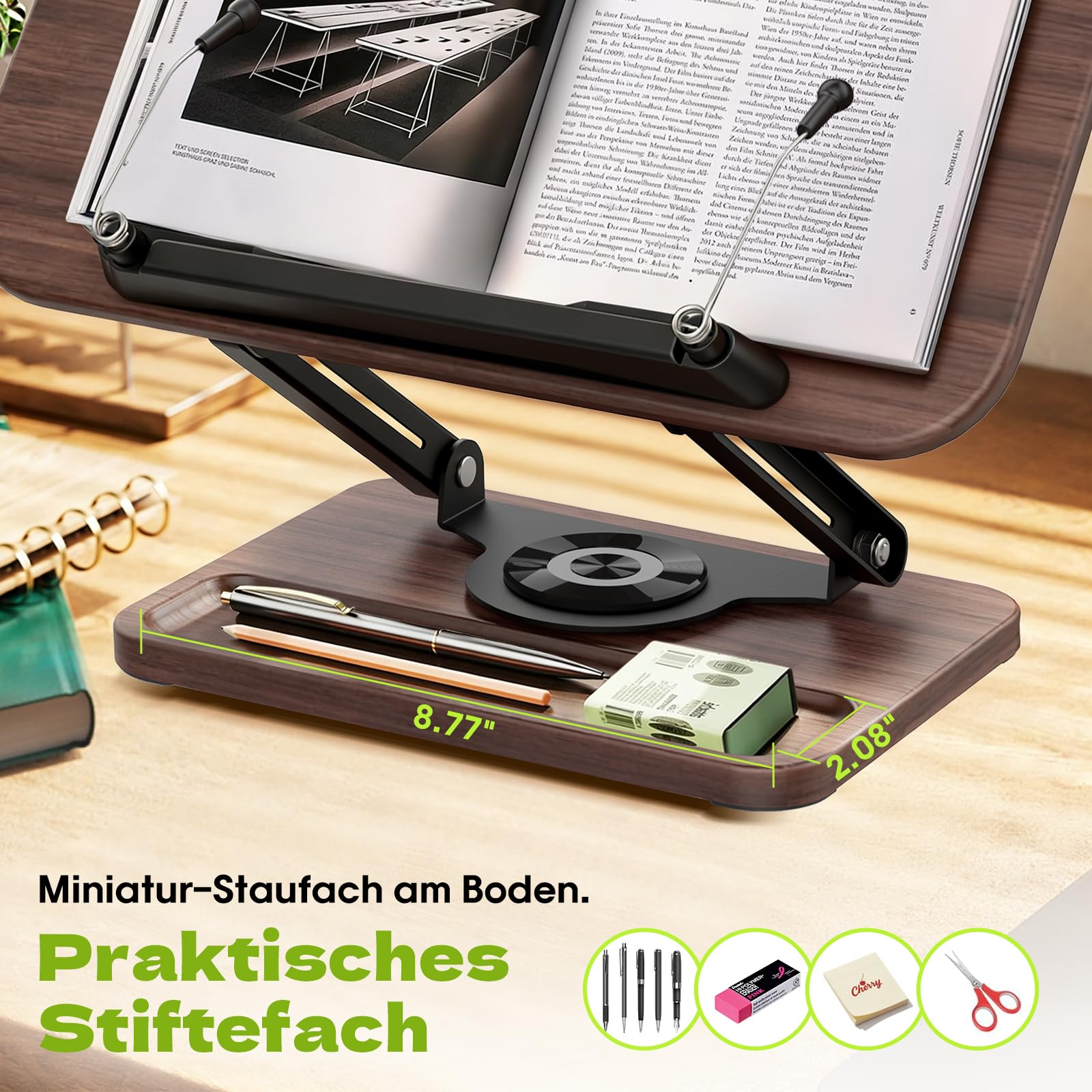 Support de Lecture en Bois, Base Pivotante 360°, Hauteur Réglable | Porte-Livre pour Livres de Cuisine, Manuels Scolaires, Ordinateur Portable, Partitions Musicales