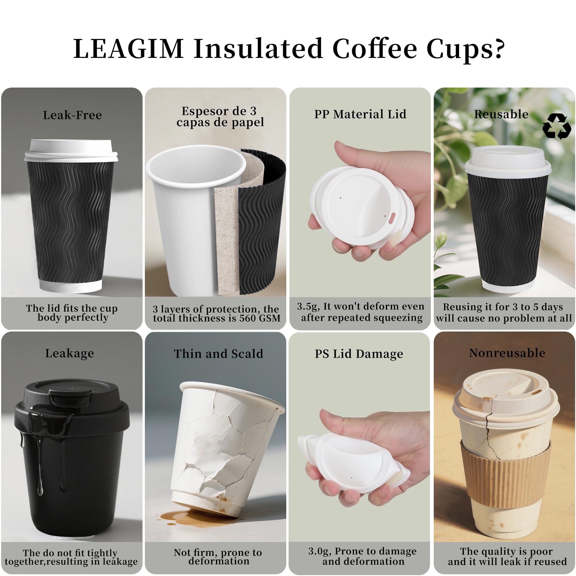 100 Set - 16 oz Coffee Cups with Lids, Disposable Insulated Corrugated Paper Cups, Double Wall Ripple To Go Cups for Hot Drinks, Chocolate, Cocoa (Black)
