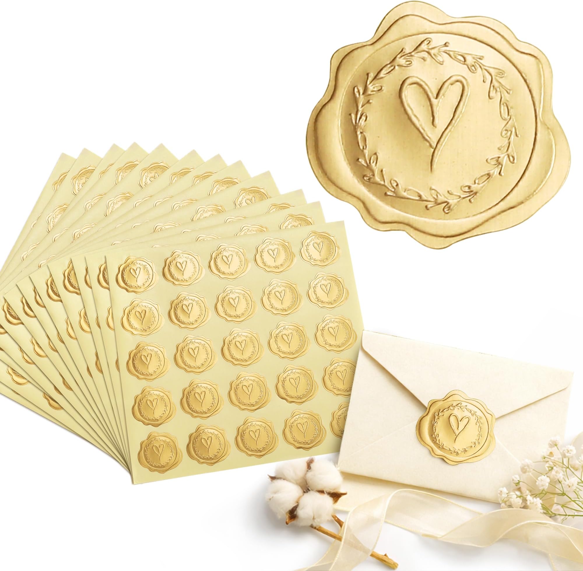 300pcs Gold Embossed Wax Seal Looking Heart Envelope Seals for Wedding Invitations/Greeting Cards/Party Favors, Self-Adhesive