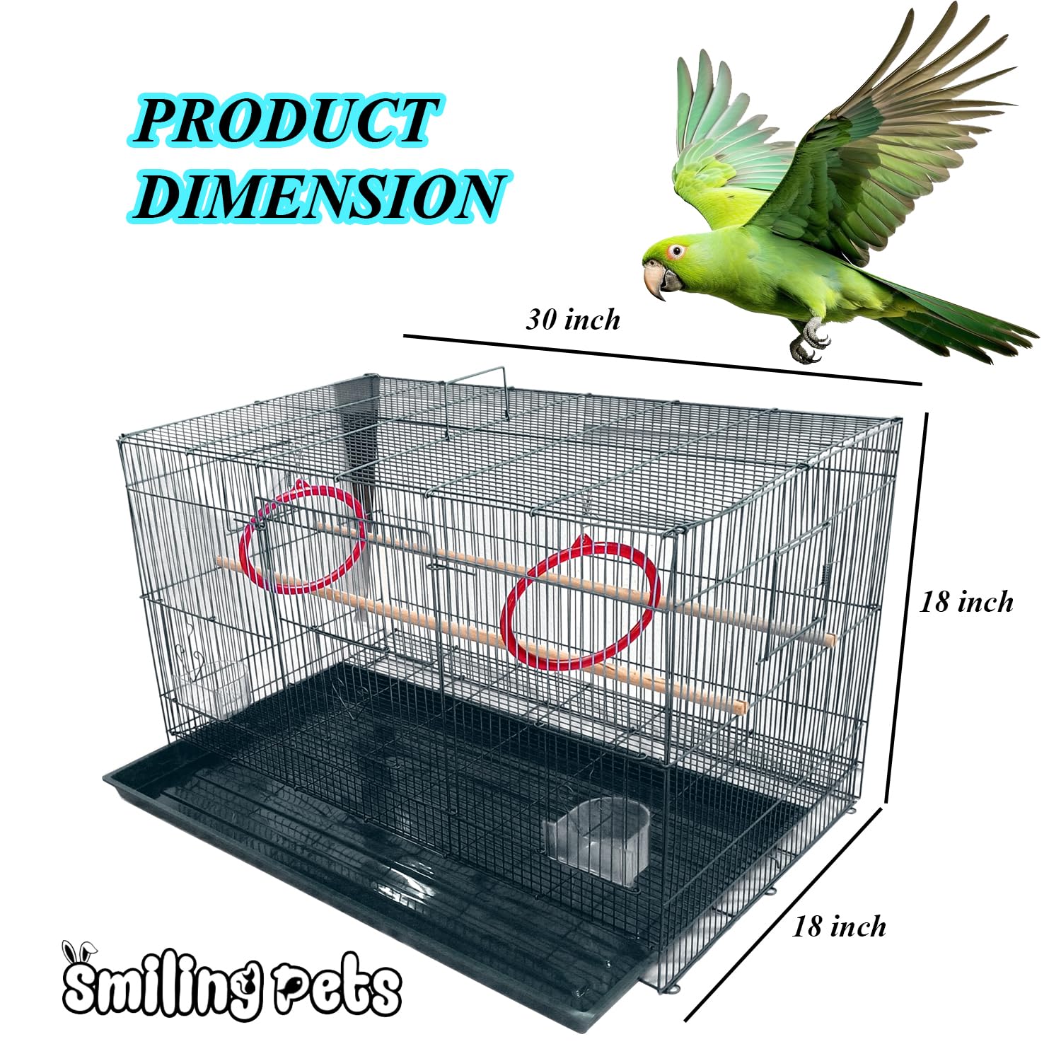 Smiling Pets Metal Bird Cage 2.5 Feet | Spacious Parakeet, Lovebird, Parrot, Budgie & Cockatiel Cage with Hammock | 30 x 18 x 18 Inch Black Durable Cage for Birds, Safe & Easy to Clean 2