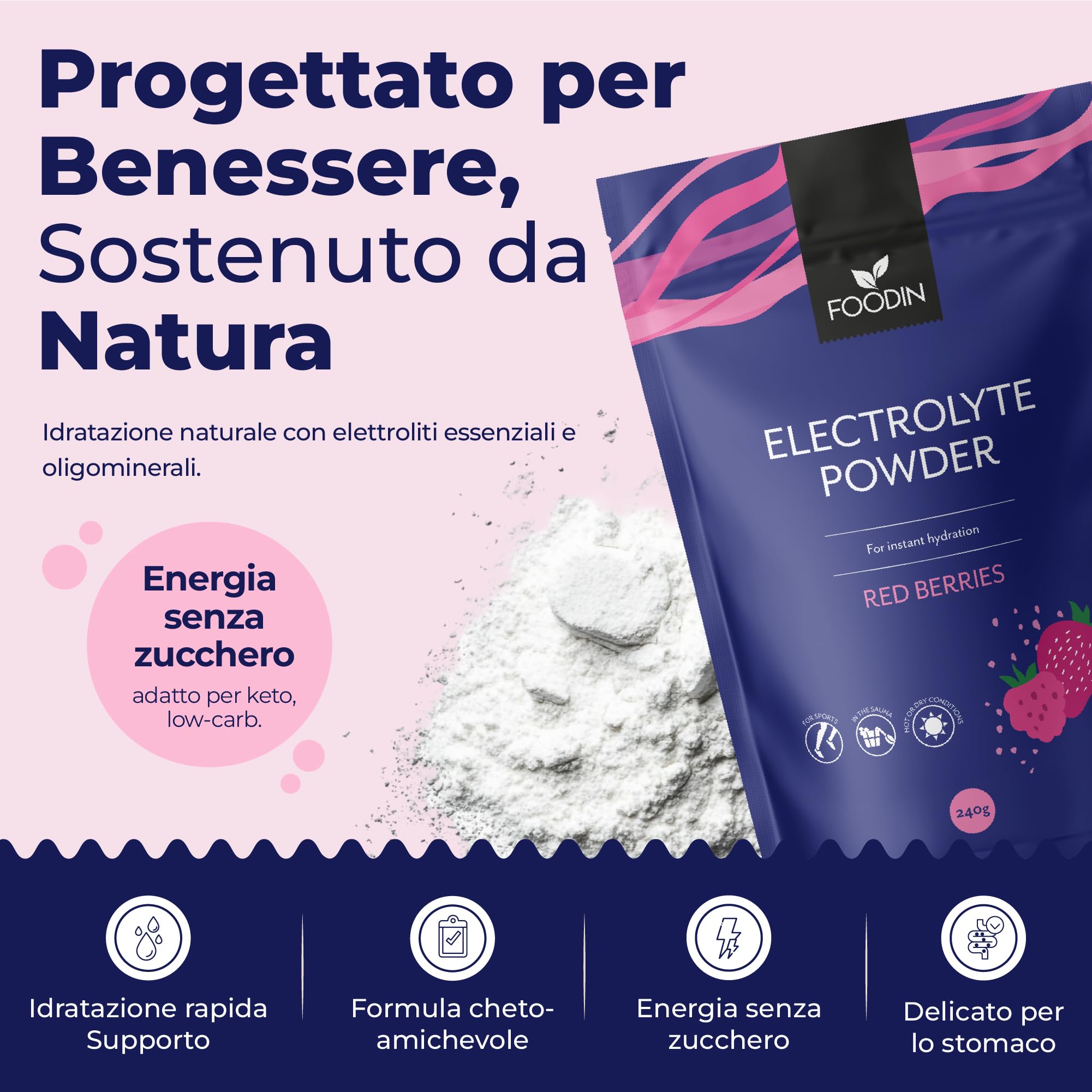 FOODIN Poudre d’Électrolytes Hydratation et Récupération avec OptiMSM Vitamine C AquaminF & Sel de Guérande – Boisson Isotonique sans Sucre Céto Énergie et Minéraux (Red Berries) 240 g