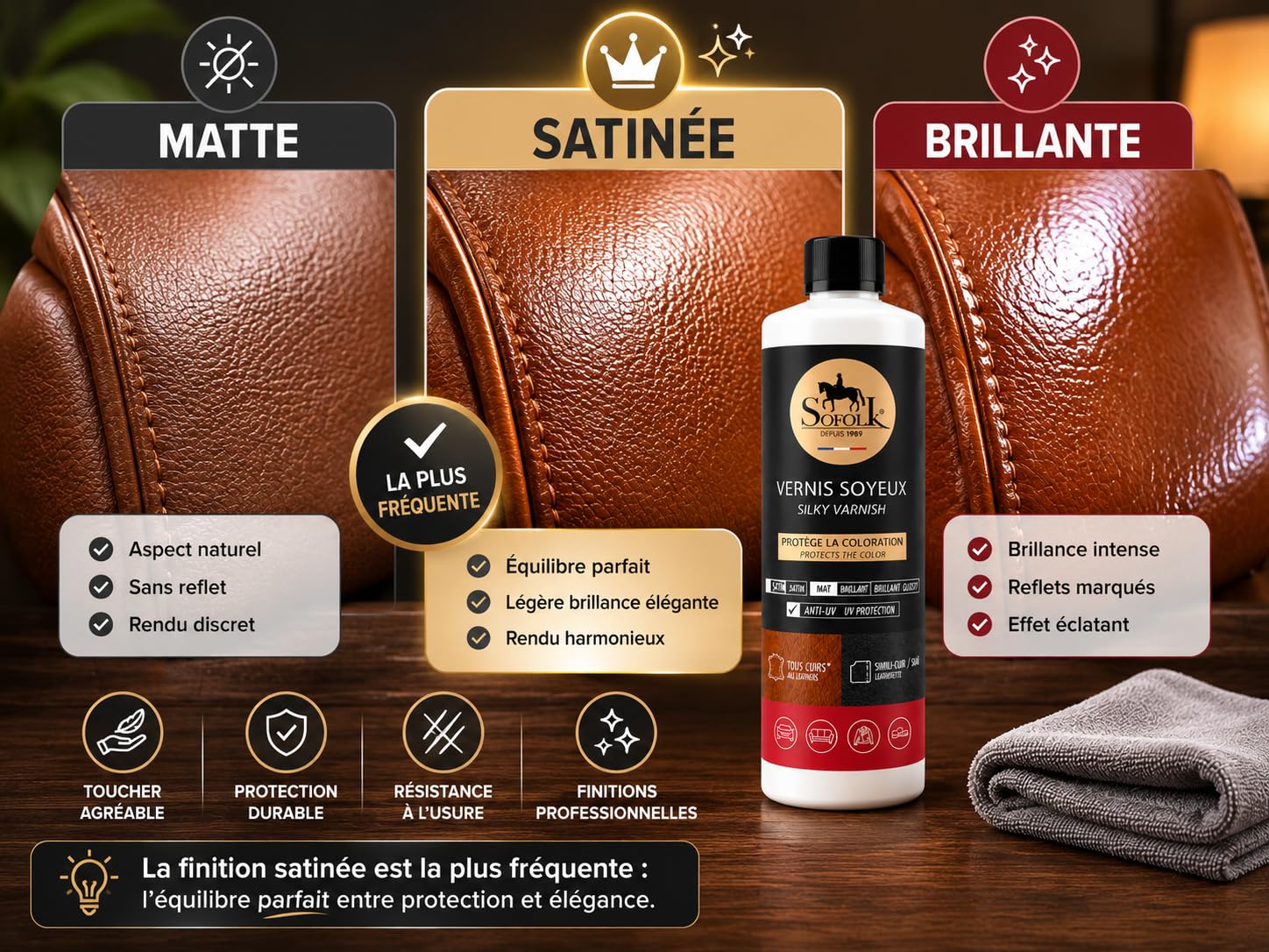 Kit Entretien Cuir Satin : Nettoyant Détachant Cuir + Vernis Satin 200ml + Huile Nourrisante 200ml