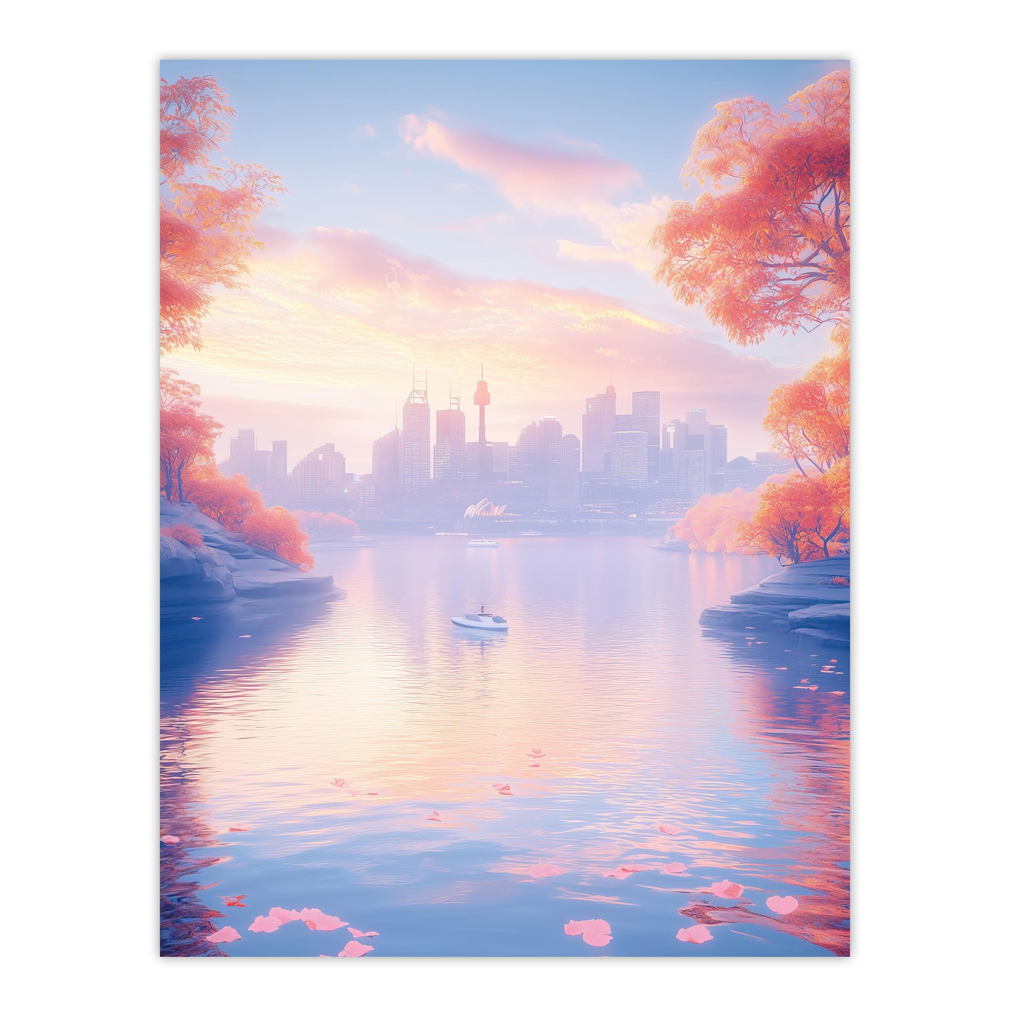 Artery8 Dreamy Autumn Sunrise Japanese Coastal Cityscape Living Room Large Wall Art Poster Print Thick Paper 18X24 Inch