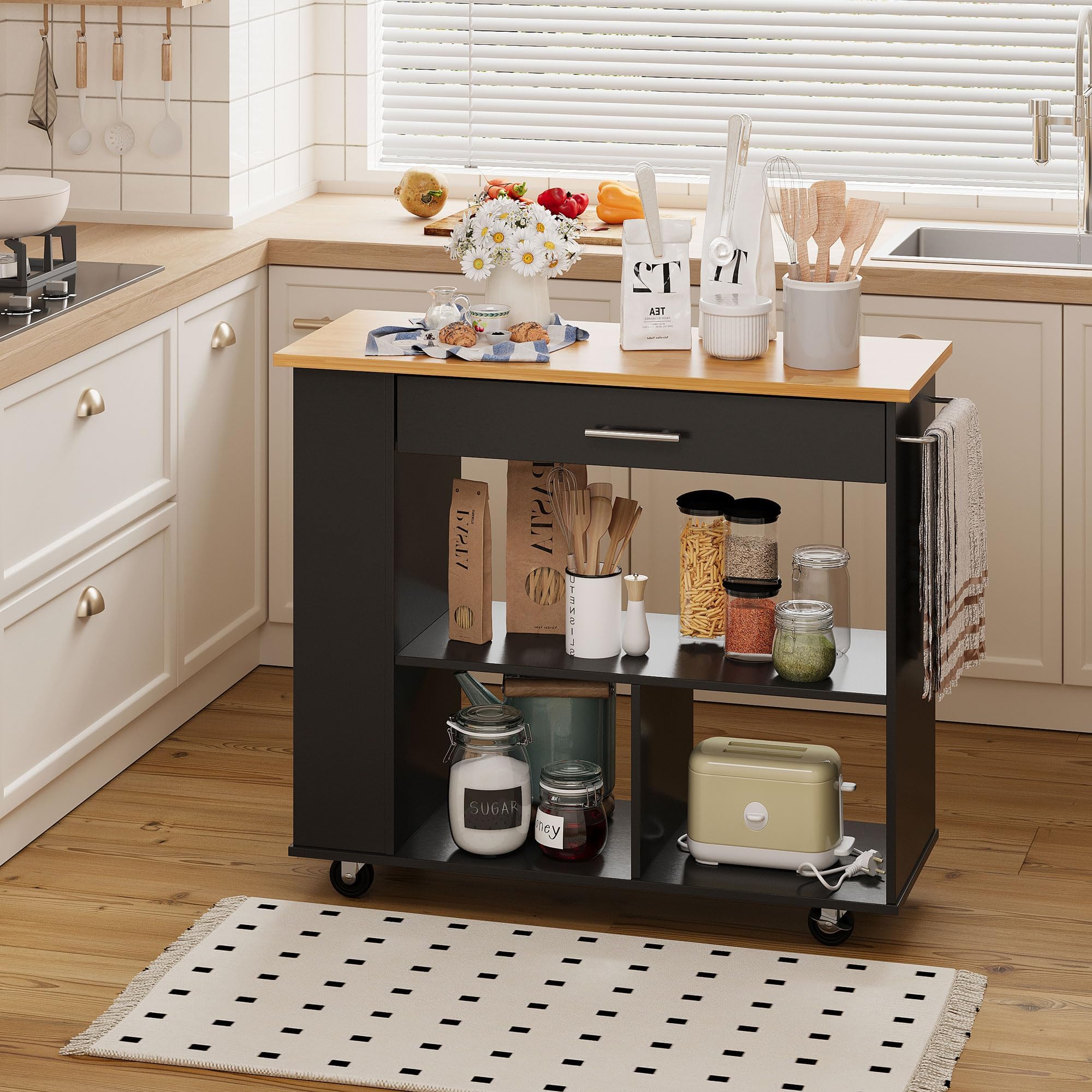 Shintenchi Kitchen Island on Wheels with Storage, Wheeled Island & Cart with 3-Tier Spice Rack, 3 Open Shelves and 1 Drawer, Black