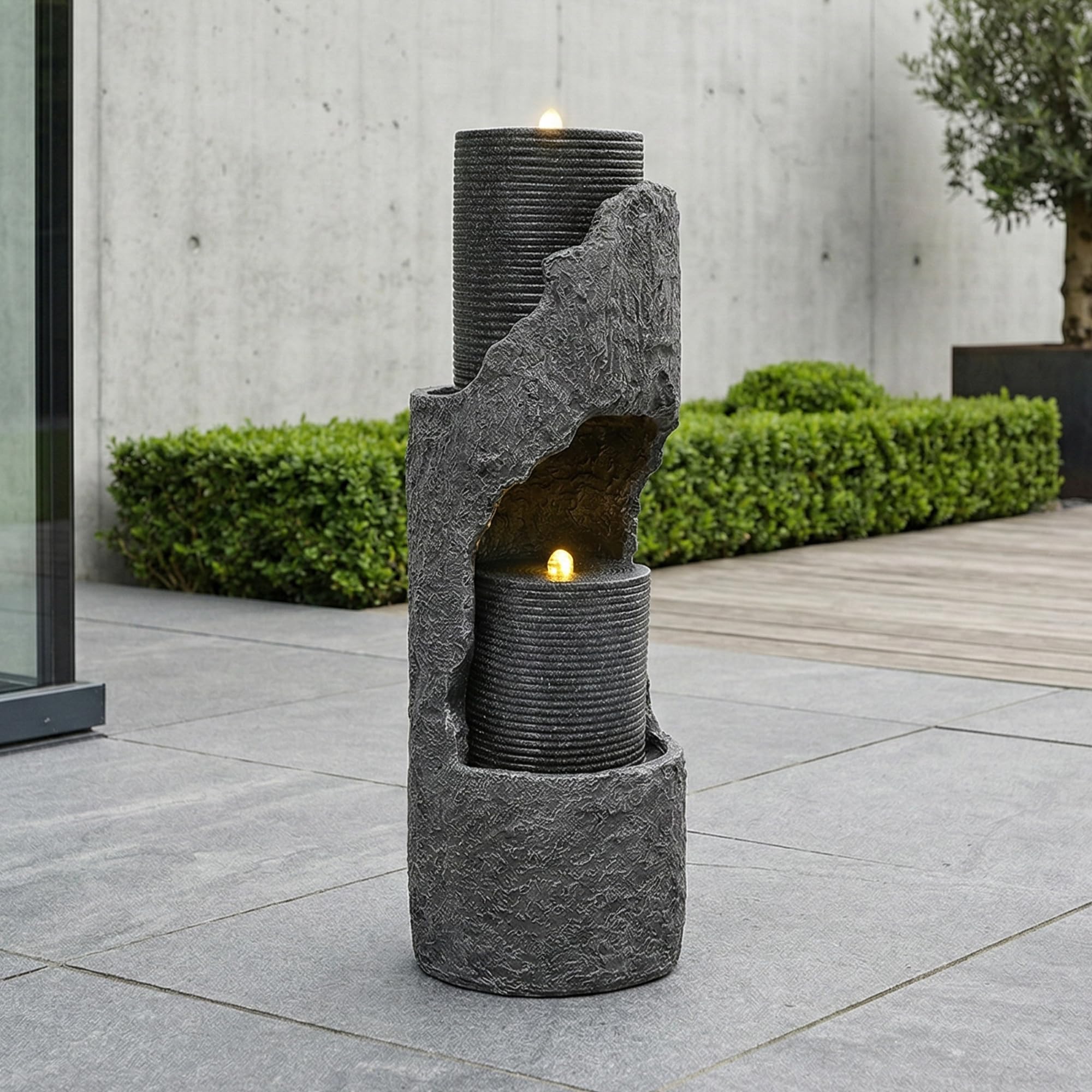 Fontaine de jardin avec éclairage LED, env. 34,5 x 34,5 x 100,5 cm, fontaine de jardin avec revêtement extérieur en pierre artificielle, fontaine d’intérieur, jeu d’eau pour jardin et terrasse