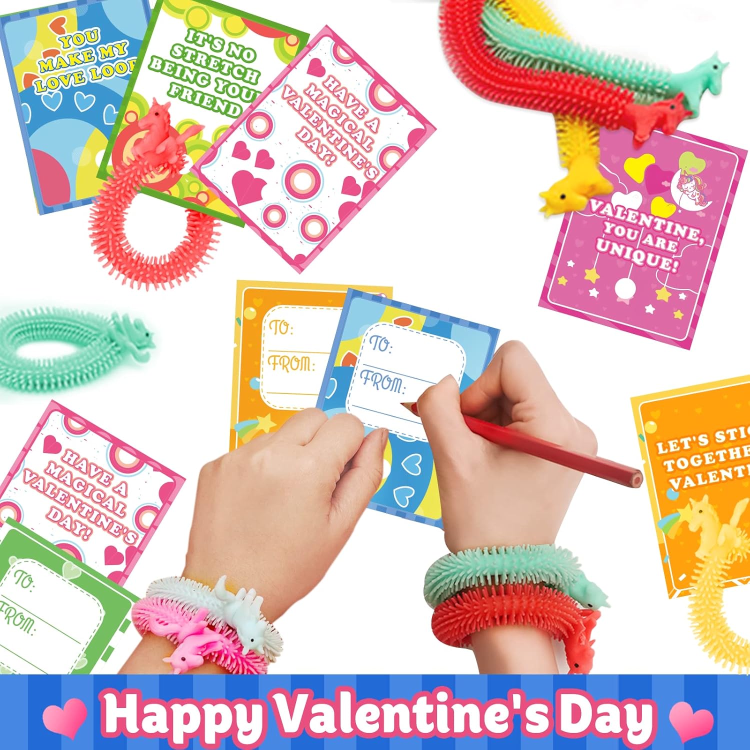 30 Pack Valentine's Day Cards for Kids with Unicorn Stretchy Strings for Classroom Valentine's Gift Exchange For School, Valentine's Party Favor for Kids, Valentine's Prizes, Stress Relief Fidget Toys
