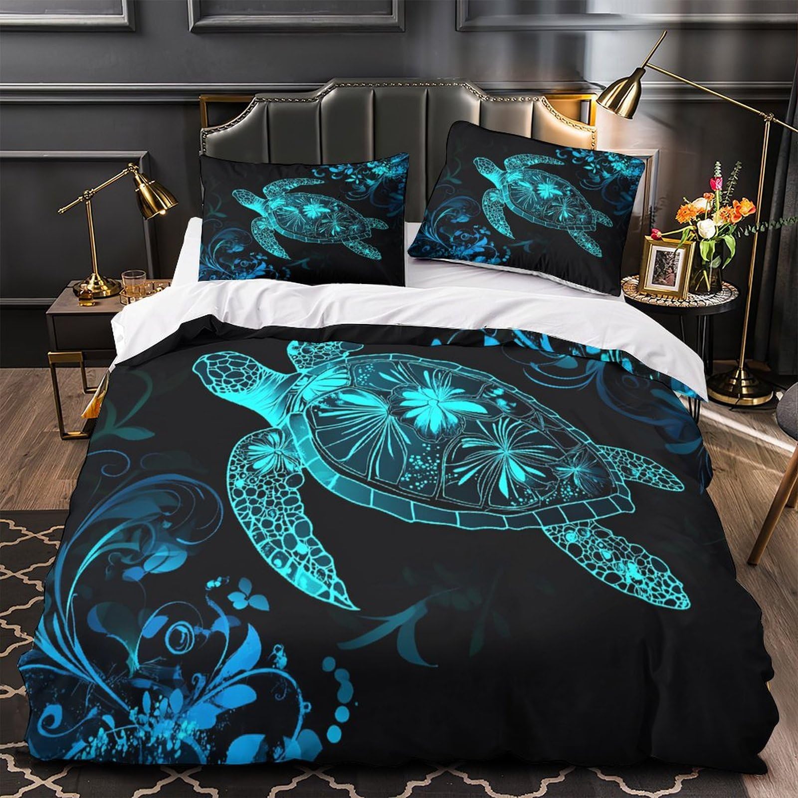 Parure de lit tortue marine 140x200cm housse de couette microfibre bleue