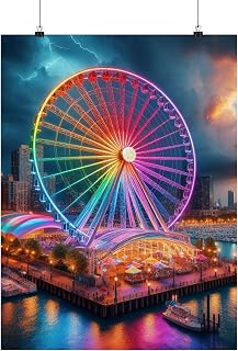 The Rainbow-Lit Ferris Wheel at Navy Pier in Chicago - Made in USA Matte Poster