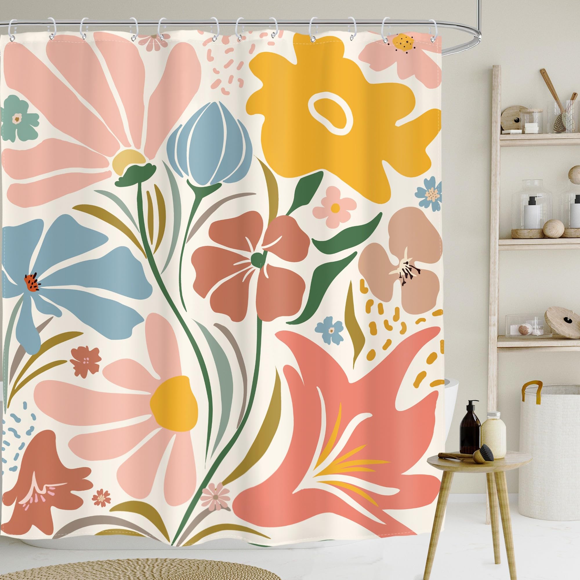 Glawry Abstract Floral Shower Curtain 60Wx72L Inches Boho Flowers Aesthetic Contemporary Matisse Bathroom Curtains Set Modern Vintage Bath Accessories
