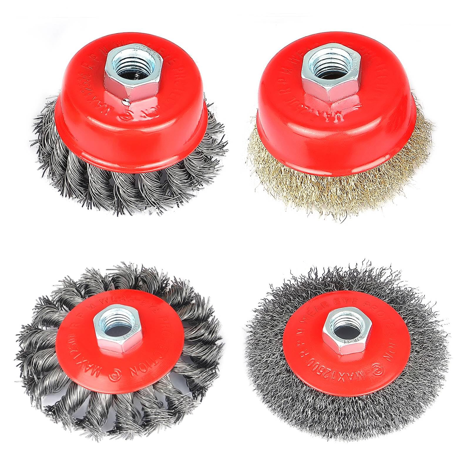 NORJIN 4 Pack Wire Wheel Cup Brush Set for Angle Grinder, 3" & 4" Crimped and Knotted Wire Brush with 5/8"-11 Thread Arbor for Rust and Paint Removal