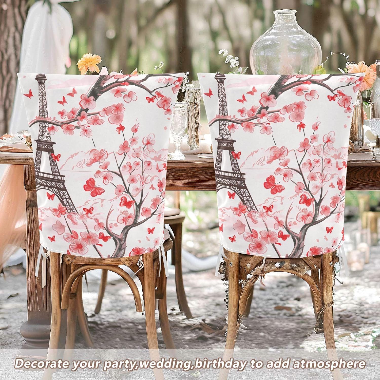 ALAZA Eiffel Tower Pink Flowers Butterfly Chair Back Cover Set of 6, Washable Reusable Removable Chair Slipcovers Decorative Chair Cover for Home Kitchen Wedding Party