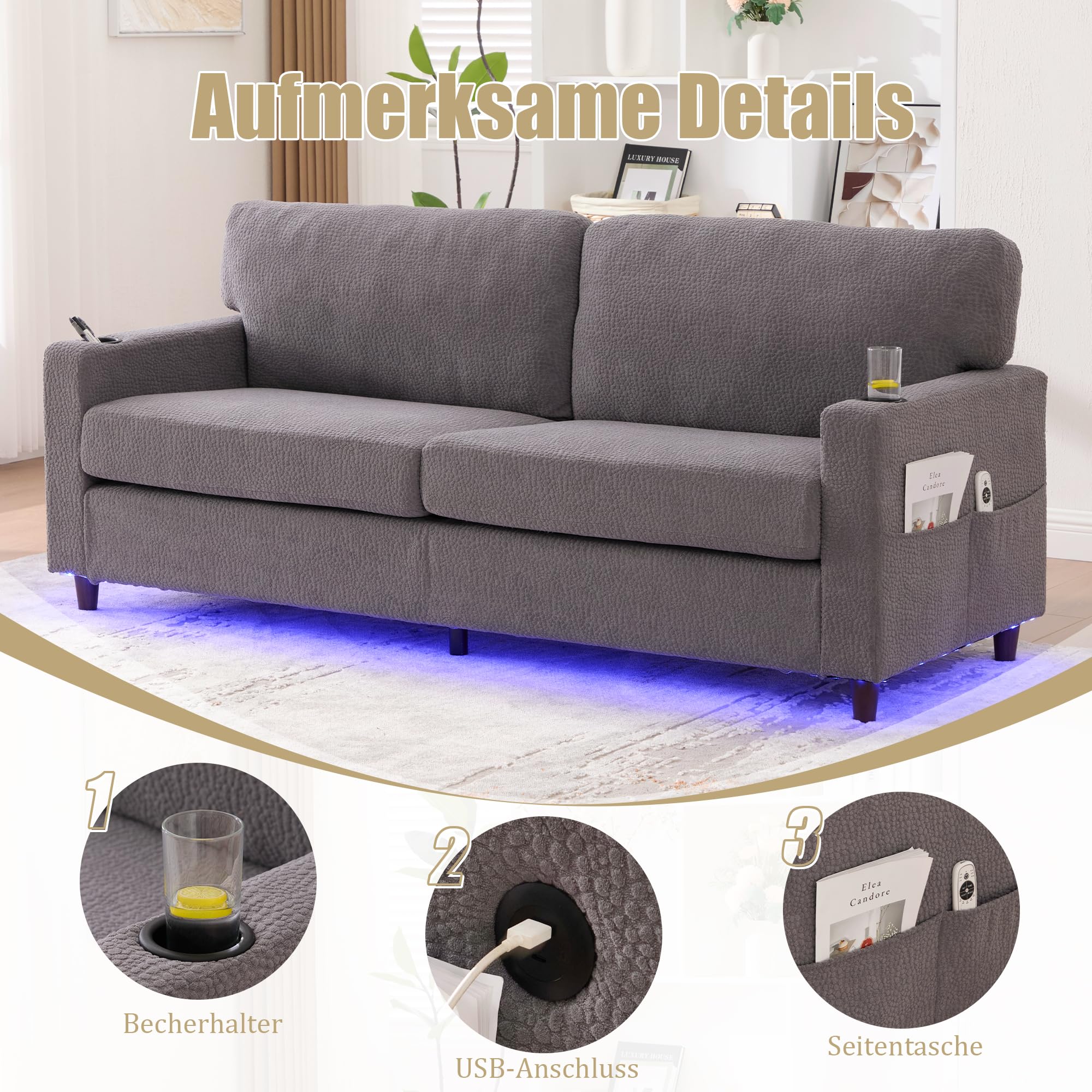 Nowoczesna 2-osobowa sofa szenilowa z USB-C, atmosfera LED, uchwytami na napoje i kieszeniami bocznymi. Rama drewniana/metalowa z komfortową pianką. Idealna do salonu, sypialni lub biura