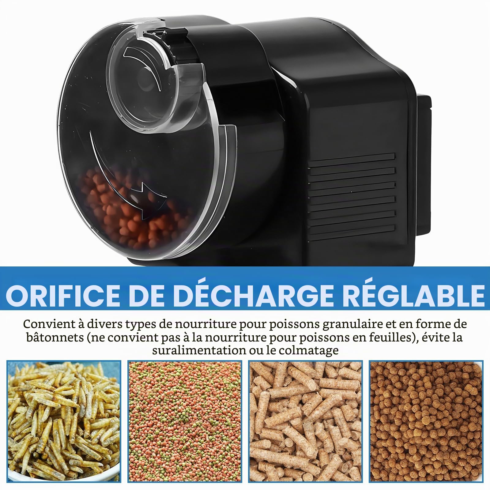 Distributeur automatique de nourriture pour poissons : 60 ml, pour granulés et bandes