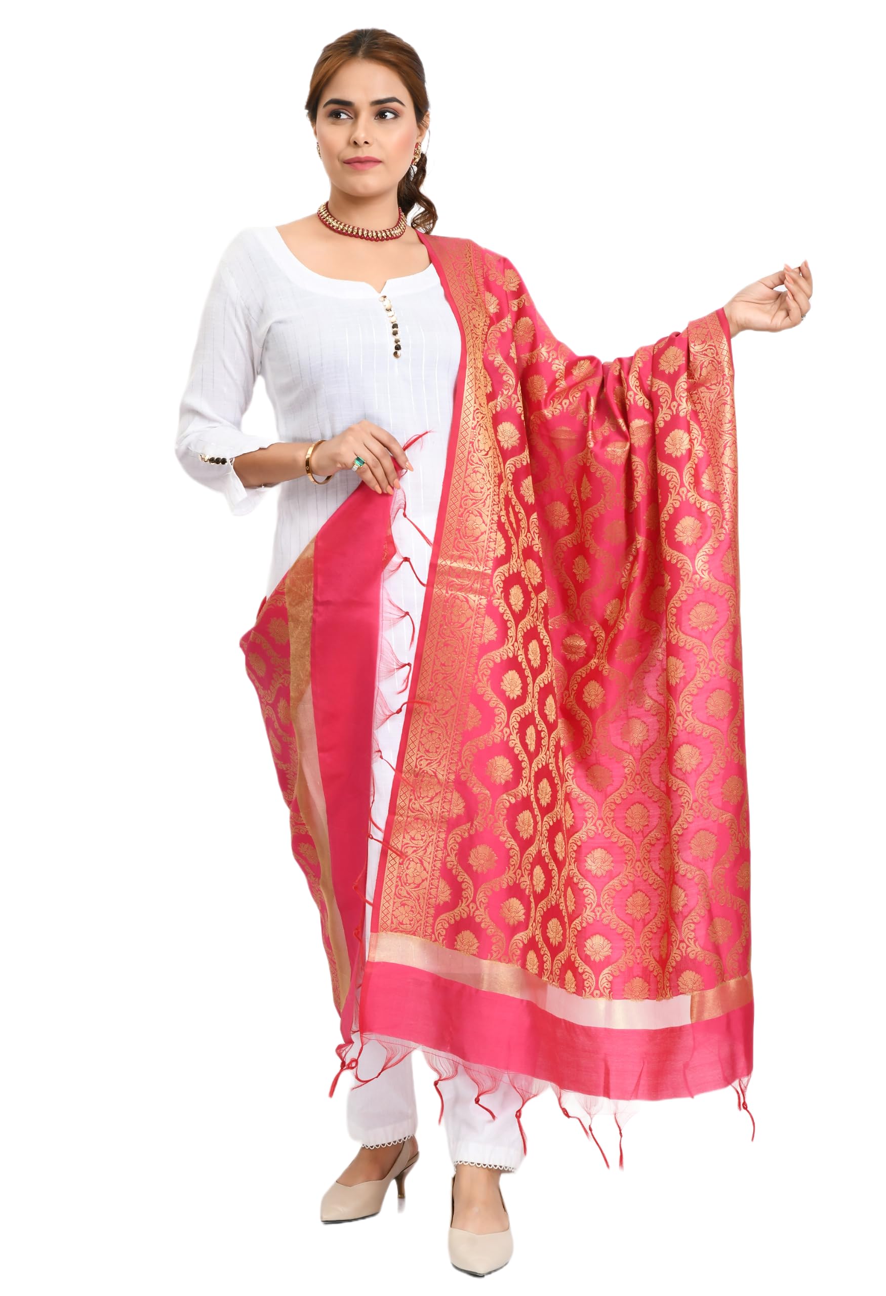 Women's Pink & Gold Toned Woven Design Banarasi Silk Dupatta, Pack of 1, MFD0154-image-46