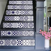funlife 14pcs Peel and Stick Vintage Moroccan Pattern Stair Riser Decals, Retro Decorative Vinyl Stair Riser Stickers for Kitchen Living Room Home Decor, Navy Blue 39.37"x7.09"