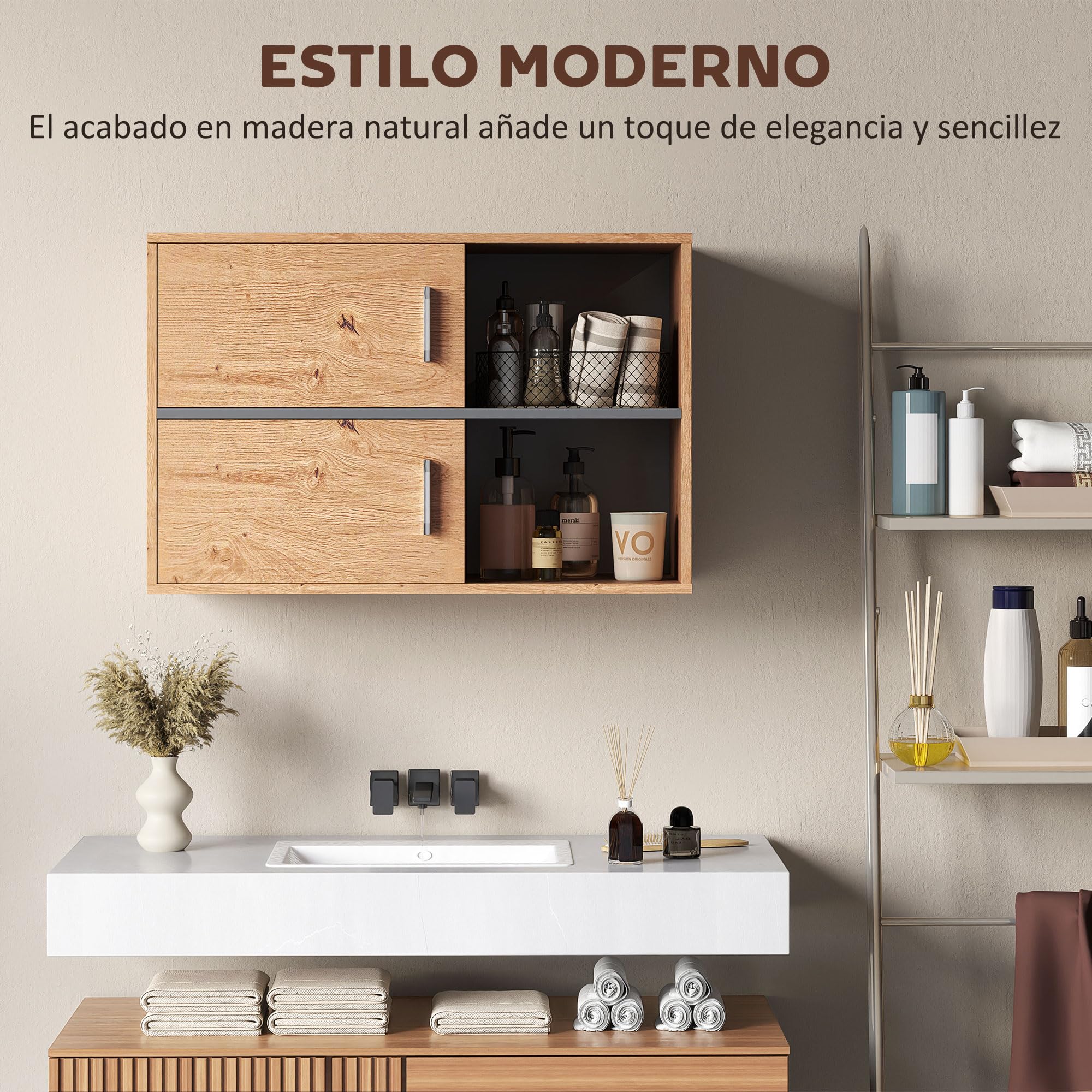 HOMCOM Mueble Auxiliar de Baño 2 Puertas Moderno 80x35x57,5 cm Natural | Armario de Baño de Pared, Compartimentos Abiertos de Almacenamiento, para Entrada Cocina