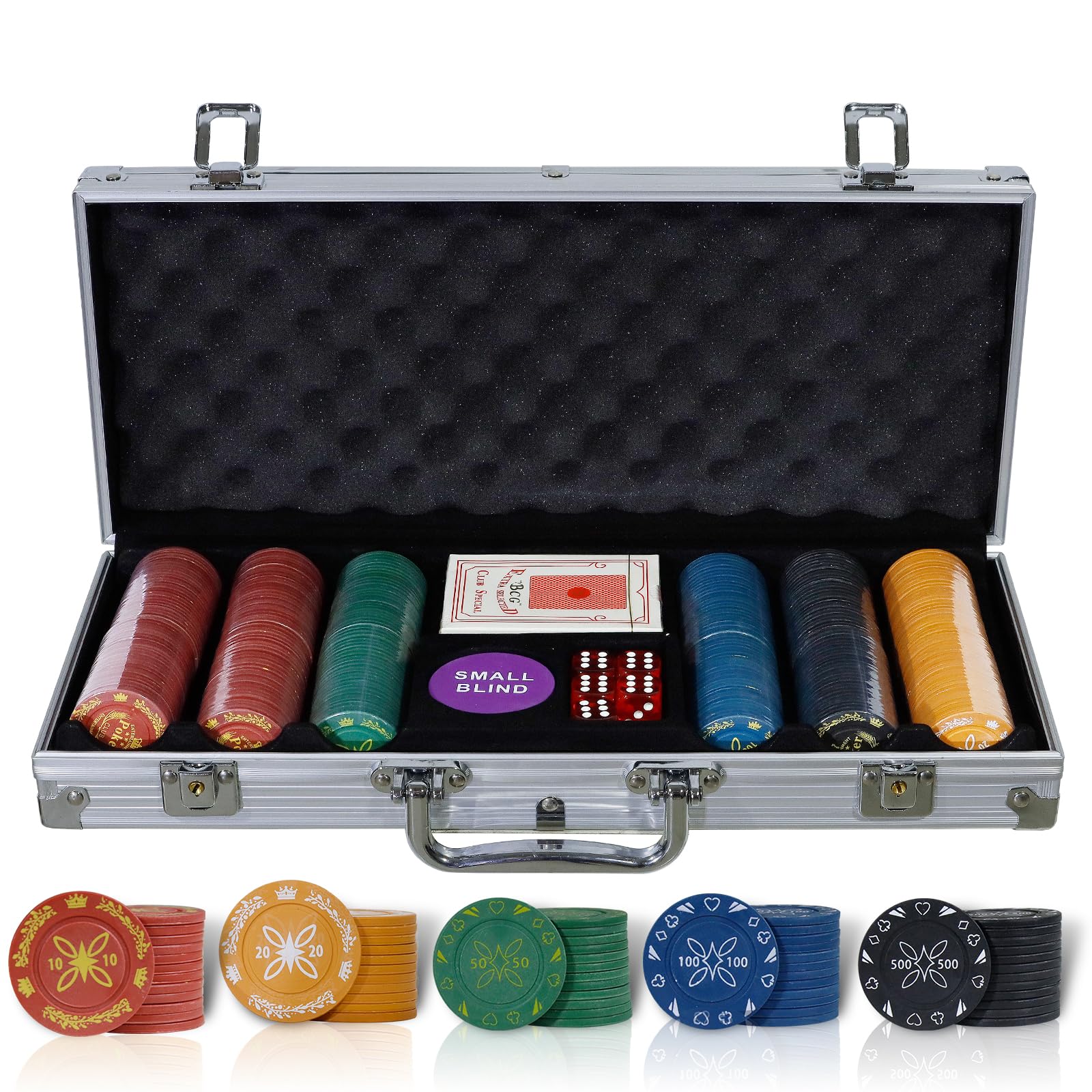 Set da Poker 300/500 Chips di Stampa in Plastica,Valigetta Poker Professionale in Alluminio con mazzi di Carte,Dadi,Pulsante Dealer