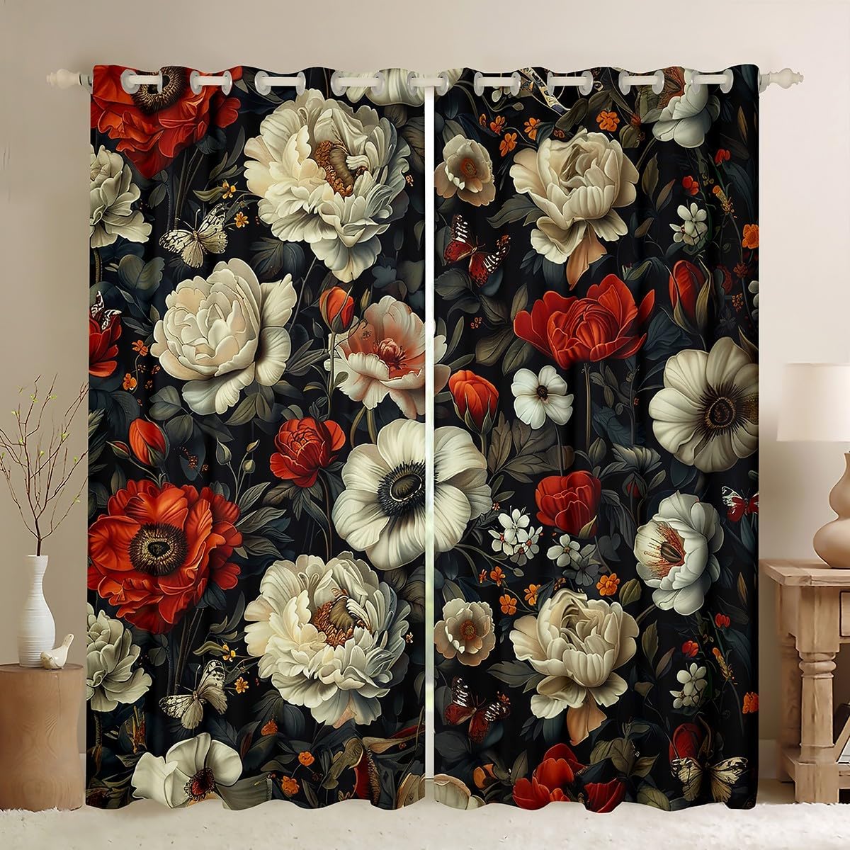 Erosebridal Colorful Floral Blackout Curtains Summer Night Nature Window Curtains 2 Panel Sets 42" Wx63 L Leaves Fresh Botanical Window Treatments Drapes for Bedroom/Living Room Spring Garden Decor