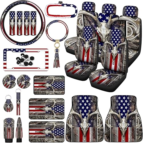 Juego completo de 26 fundas de asiento de camuflaje con bandera estadounidense, accesorios de automóvil, camión, funda para volante, alfombrillas