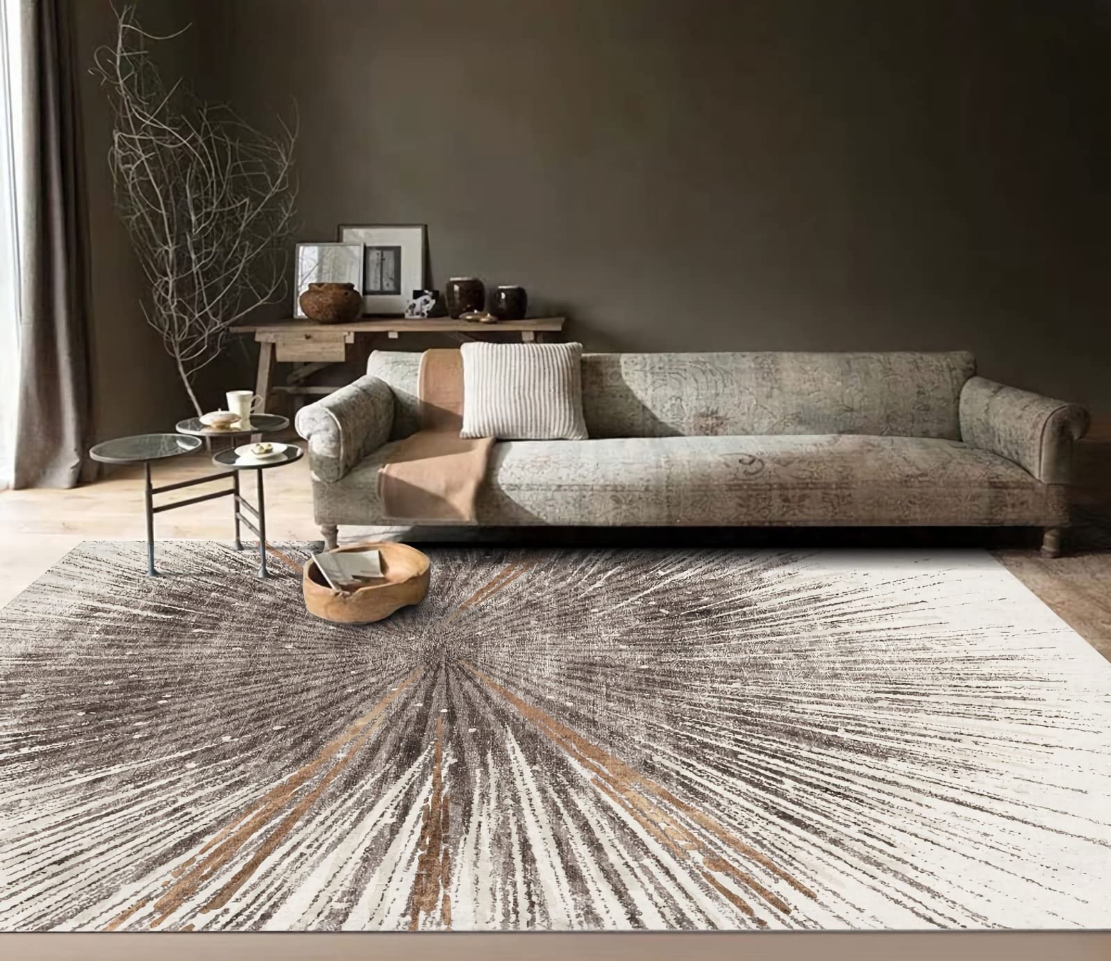 Tapis Tapis Doux Tapis Chambre ado Garcon Conception de Lignes géométriques d'encre Abstraite Beige Jaune Brun Tapis Salon Doux 60x120cm