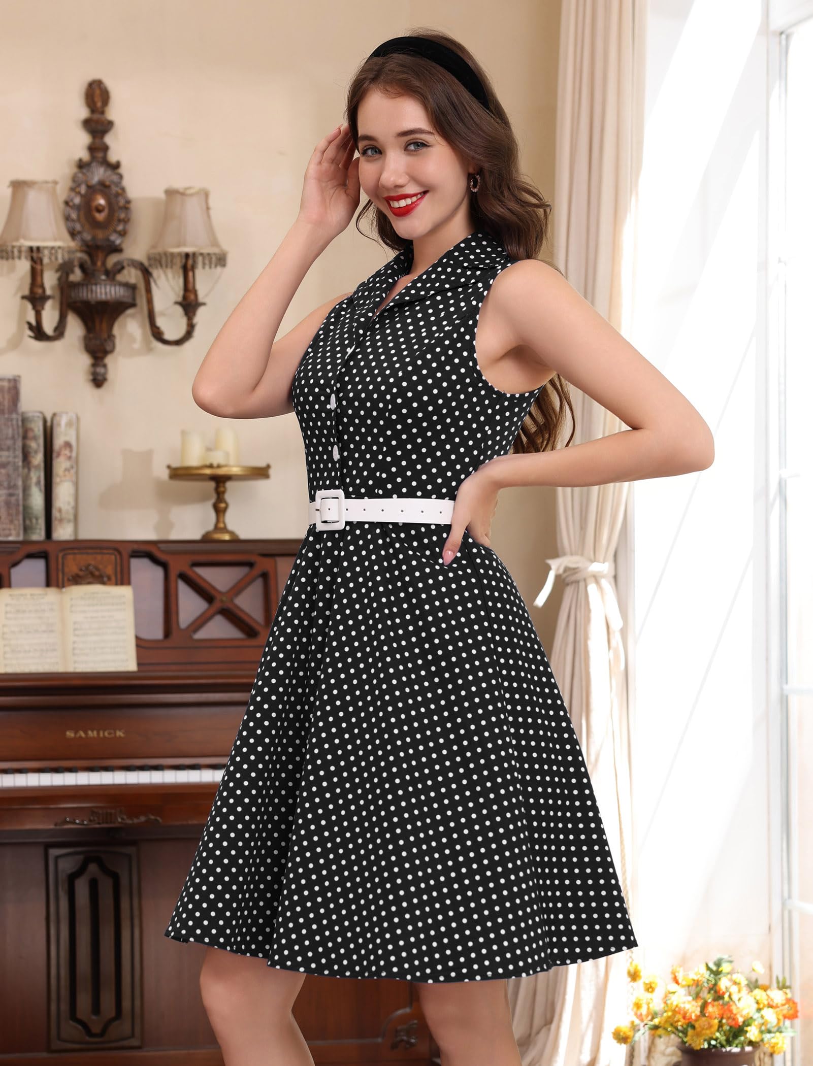 Abito da donna vintage anni '50s Rockabilly Swing Elegante Polka Dot Revers Cocktail Audrey Hepburn Style Formal Prom Tea Party Midi Abiti con cintura