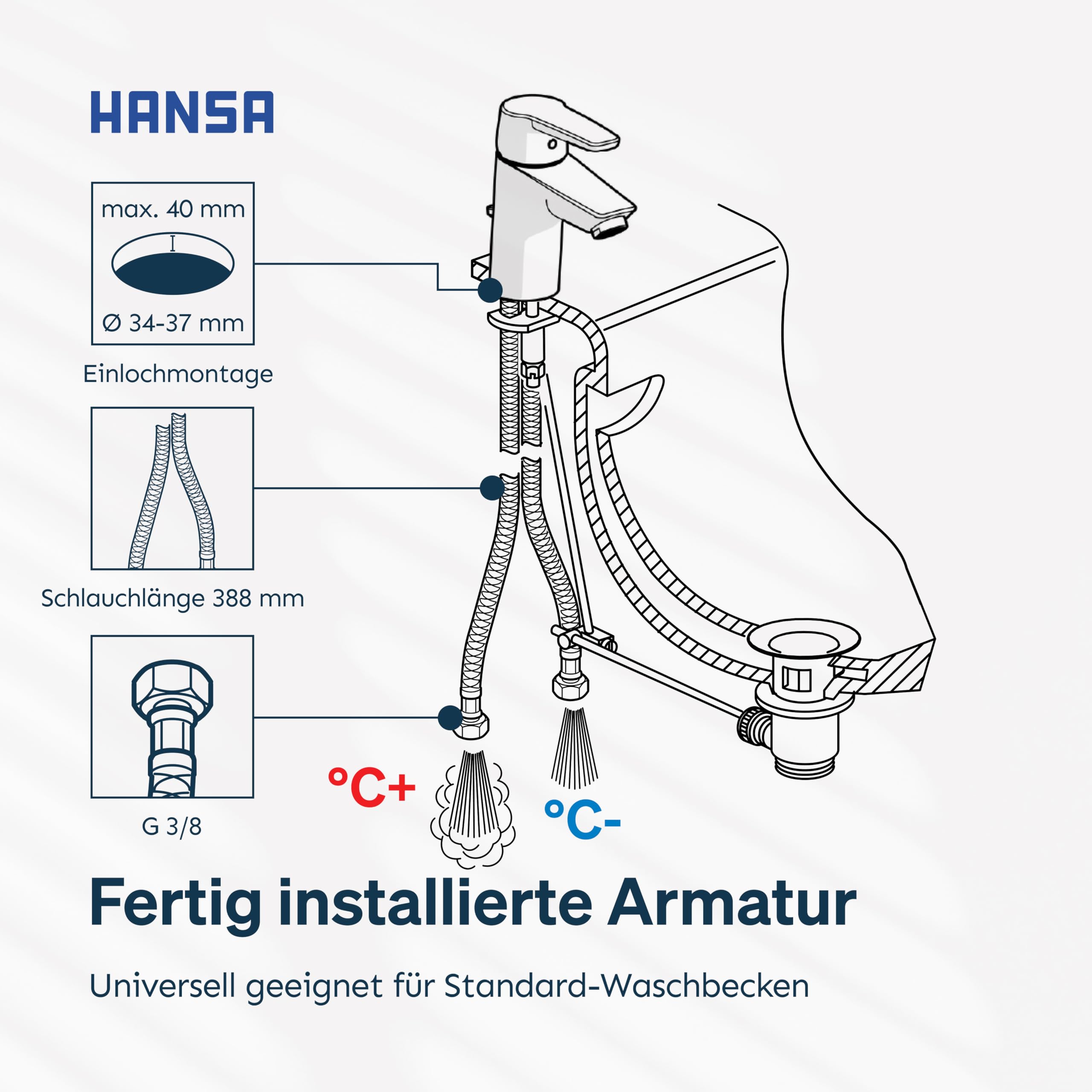 HANSA POLO Waschtischarmatur I Wasserhahn Badezimmer mit Temperatur & Wassermengenbegrenzer | Mischbatterie Bad aus Messing | Inkl. Ablaufgarnitur mit Zugstange | Einhebelmischer Waschbecken | Chrom