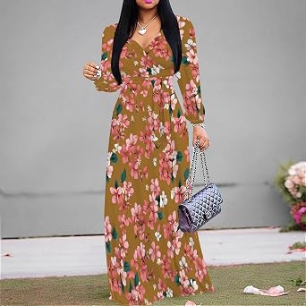 Maxi Dress for Women Sexy V Neck Long Sleeve Fall Formal Wrap Floor Length Dresses Wedding Guest Cocktail Outfits