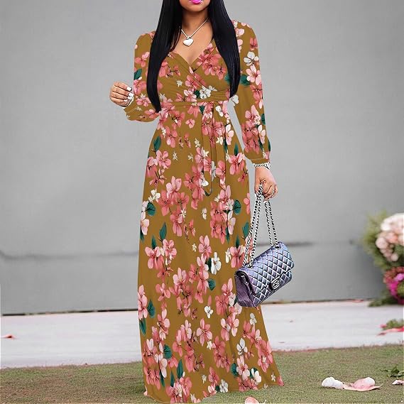Maxi Dress for Women Sexy V Neck Long Sleeve Fall Formal Wrap Floor Length Dresses Wedding Guest Cocktail Outfits