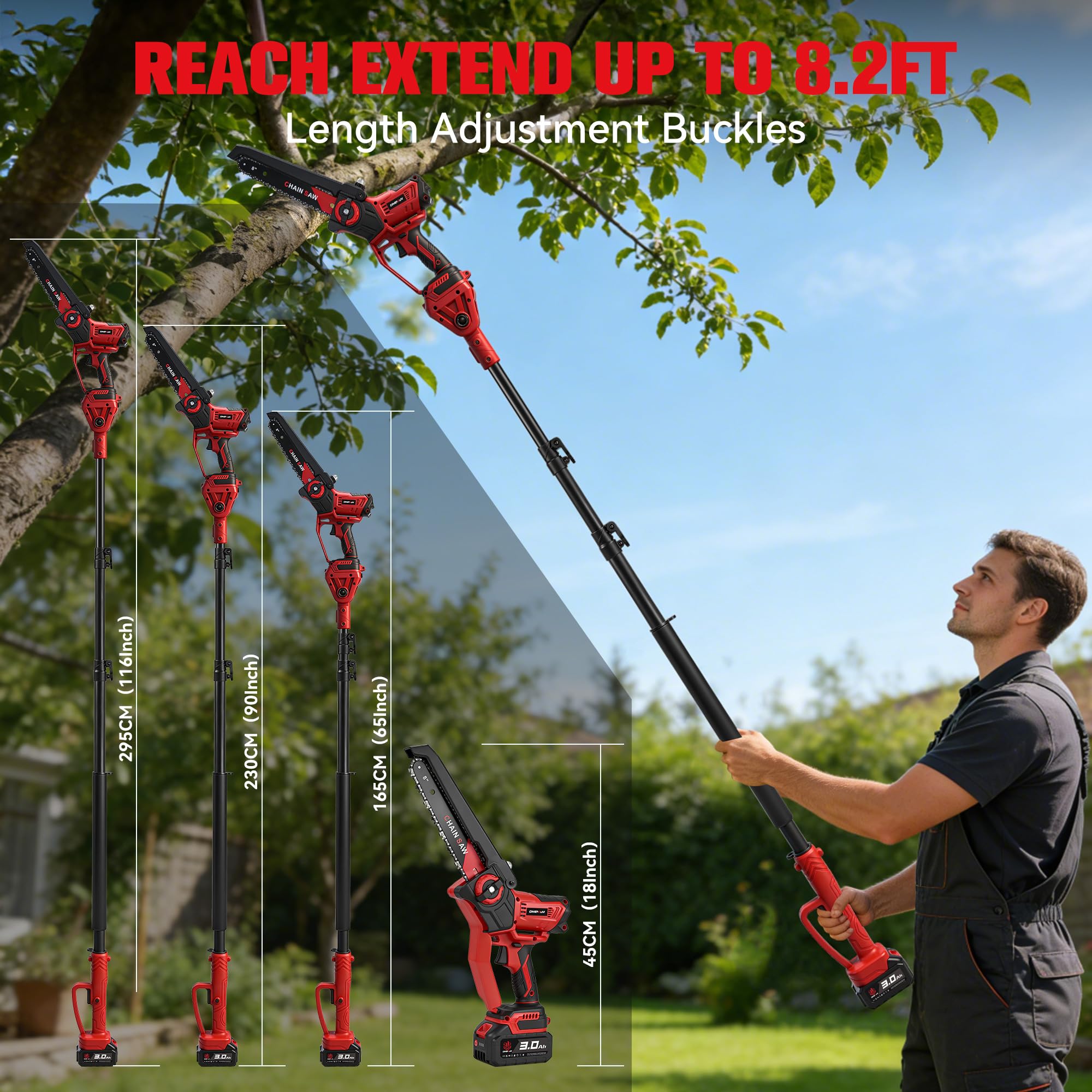 ONEVAN 4-in-1 Akku Hochentaster, Bürstenlos 8" und 6" Kettensäge Astsäge mit 2.5m Teleskopstange, 10M/S Teleskop Astsäge 700W, 180° Drehbarer Kopf, 2x3.0Ah Akkus, für Garten, Baumpflege (Rot)