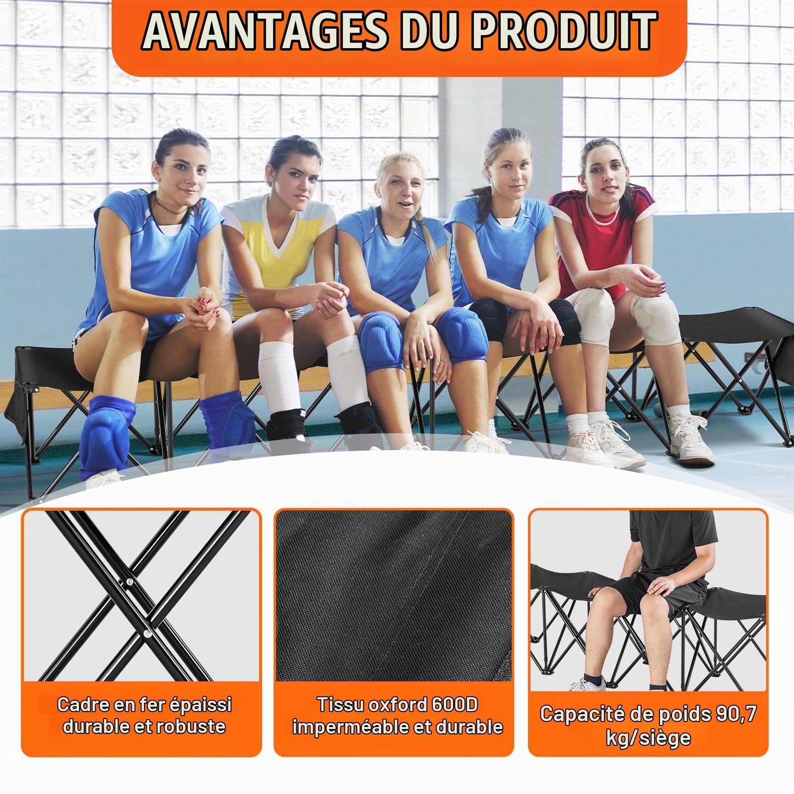 VEVOR Banc Pliant Portable à 6 Places, Banc de Camping Pliable en Plein air avec Sac de Transport, Banc latéral de Sport d'équipe pour Football, Camping, pêche, siège instantané sans Assemblage, Noir