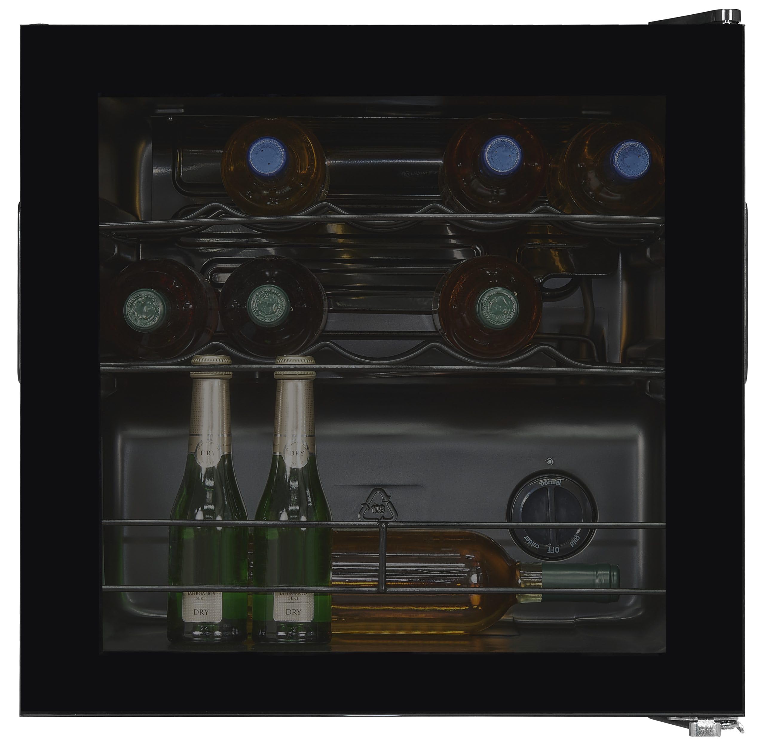 Exquisit® Vinoteca, 12 Botellas, Clase G, Rango de Temperatura de 5ºC a 18ºC, 2 Estantes Metalicos, Tirador Integrado, Altura Regulable, Consumo 130 kWh/año, Medidas 49,2x48x44 Cm.