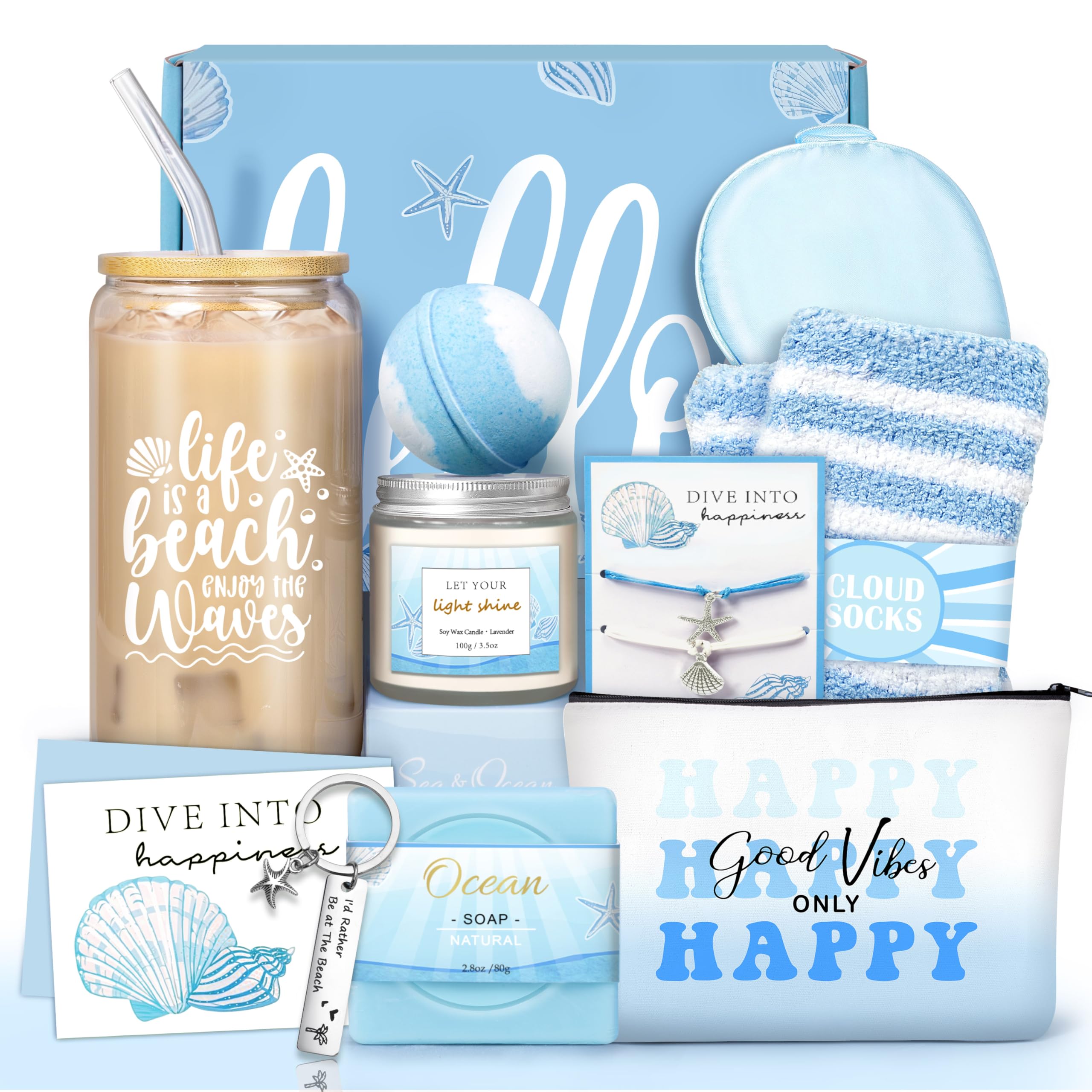 Birthday Gifts for Women, Ocean-Themed Gift Set for Women, Inspirational Thank You Gift Box, Christmas Gifts Beach Spa Self Care Basket for Her Teen Girl Sister Friend Friendship Mom