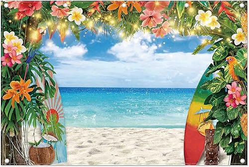Miniatura 8 de YCUCUEI Tela de 10 x 8 pies, telón de fondo hawaiano de playa, flores tropicales, hojas de palma, fondo de tabla de surf, decoración Aloha Luau,