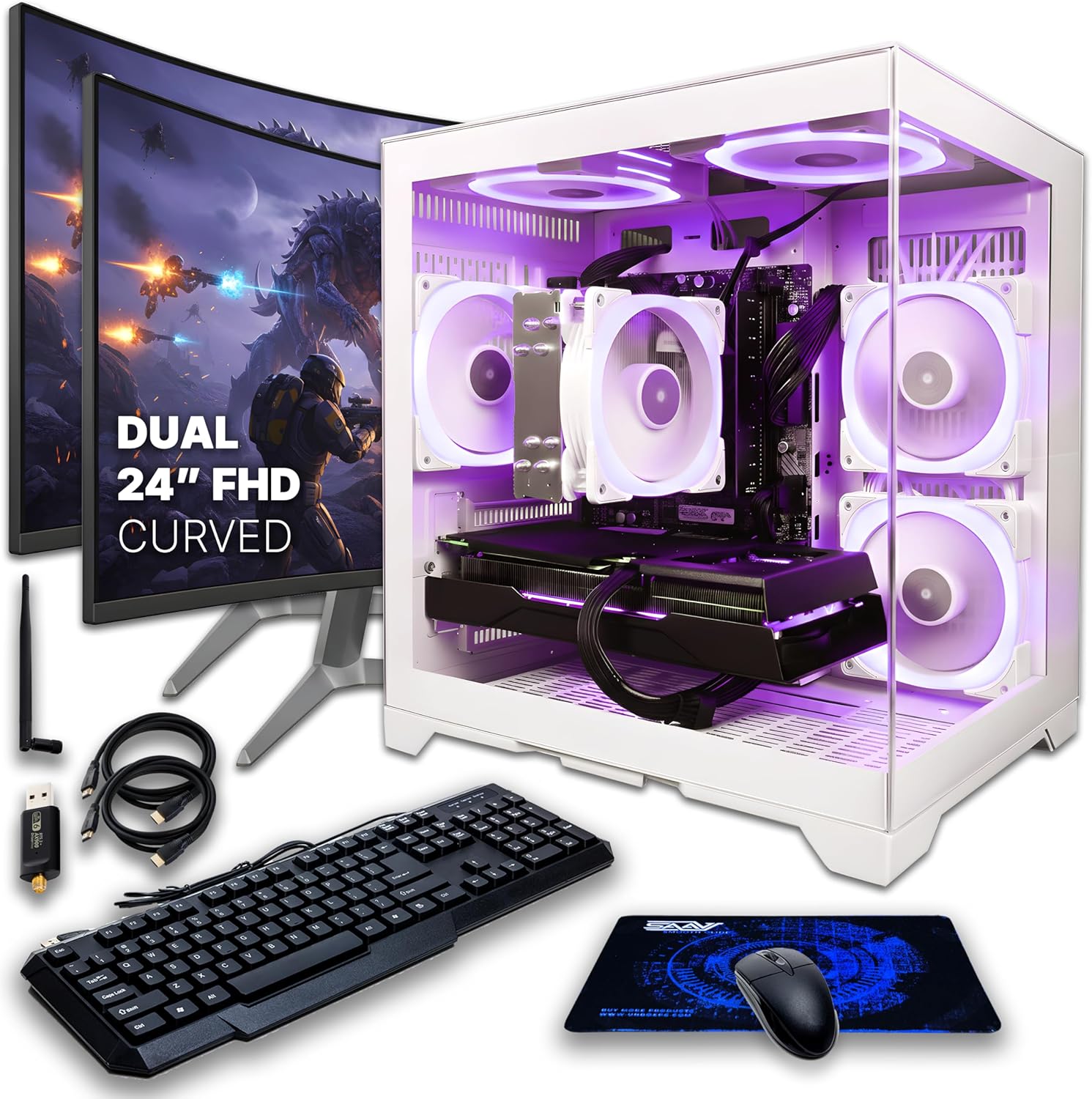 SAAV CORE Prebuilt Gaming PC Bundle Desktop Tower AMD Ryzen 7 5800X Radeon RX 9060 XT 8GB GDDR6 Dual Curved 24in Monitors 32GB DDR4 1TB NVMe SSD WiFi 6 Windows 11 White RGB Computer PC Gaming