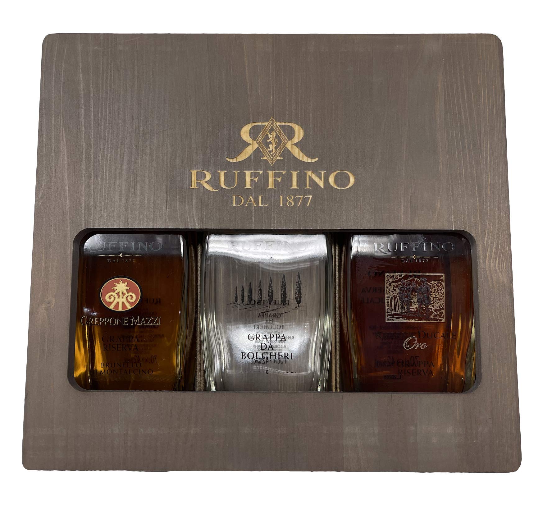 Cassetta in legno Luxury -Ruffino- Selezione 3 Grappe, Grappa Riserva Brunello di Montalcino + Grappa da Bolgheri + Riserva Ducale Oro 70 cl 42%