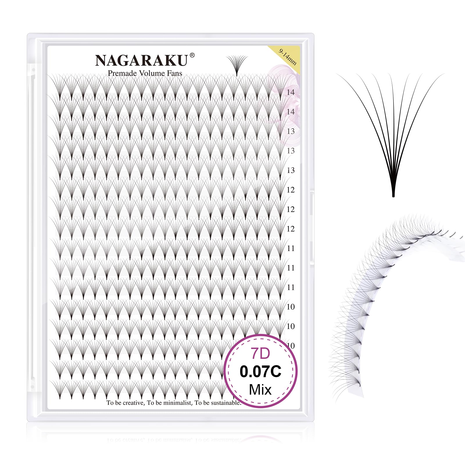 NAGARAKU Premade Fans Eyelash Extensions 320 Fans 7D Volume 0.07 C Curl 9-14 mm Mixed Tray Sharp Narrow Stem Clusters Thin Pointy Base Russian Pre