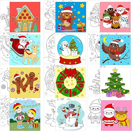 Yeaqee 12 lienzos de Navidad predibujados sobre lienzo estirado de dibujos animados de 8 x 8 pulgadas, árboles de Navidad, Papá Noel, muñeco de